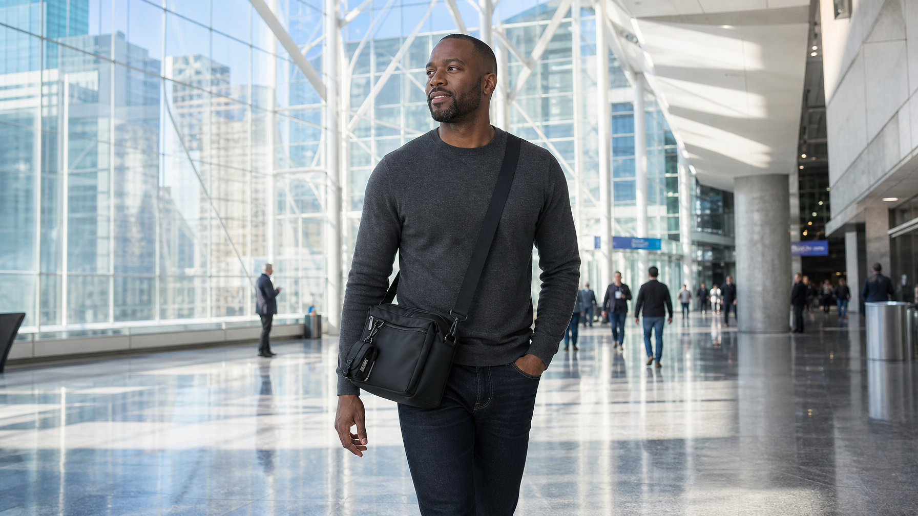 African American male professional walking through a convention center atrium carrying a structured black messenger bag