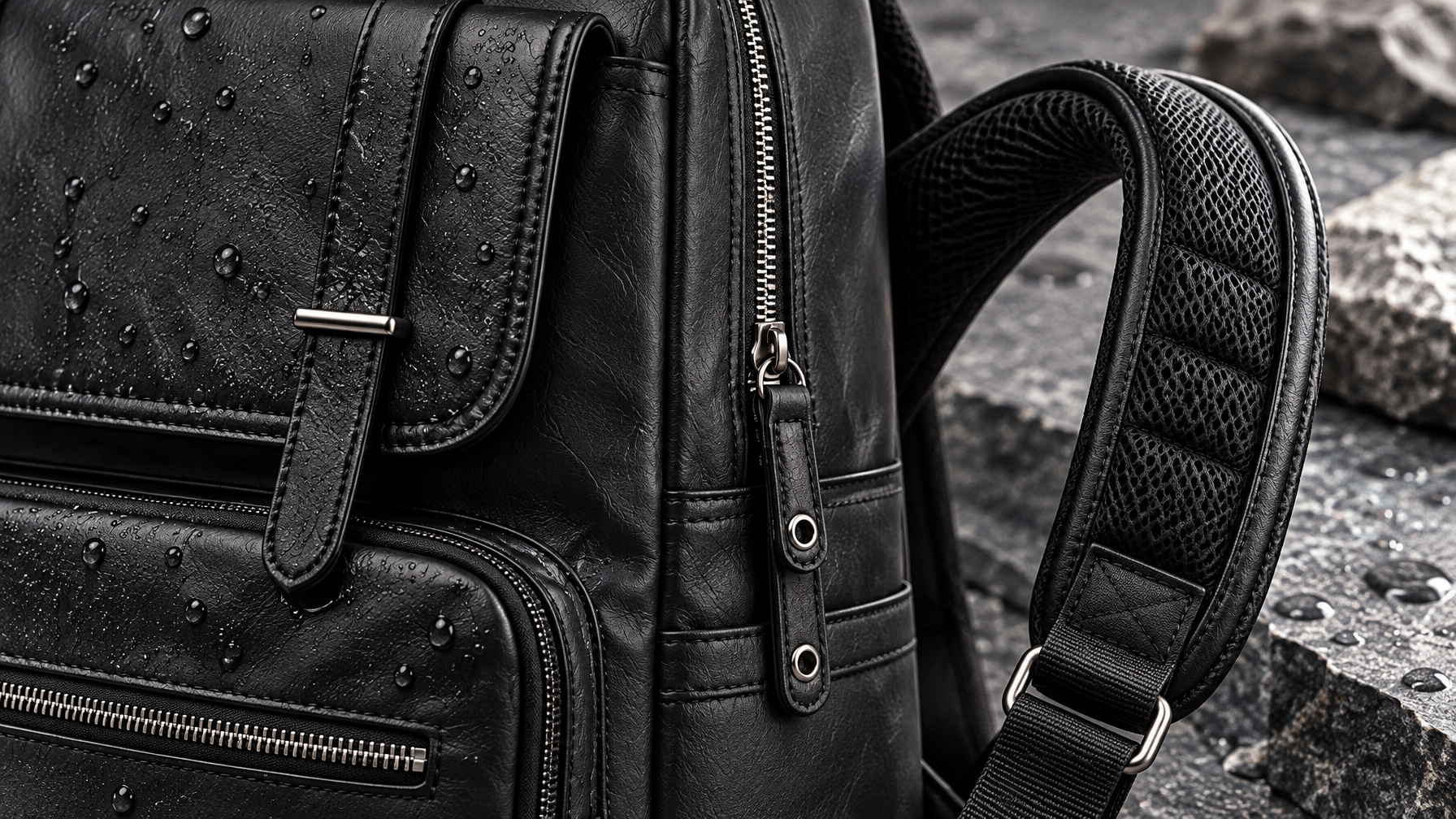 Close-up of soft water-resistant backpack exterior texture, zipper, and padded shoulder strap