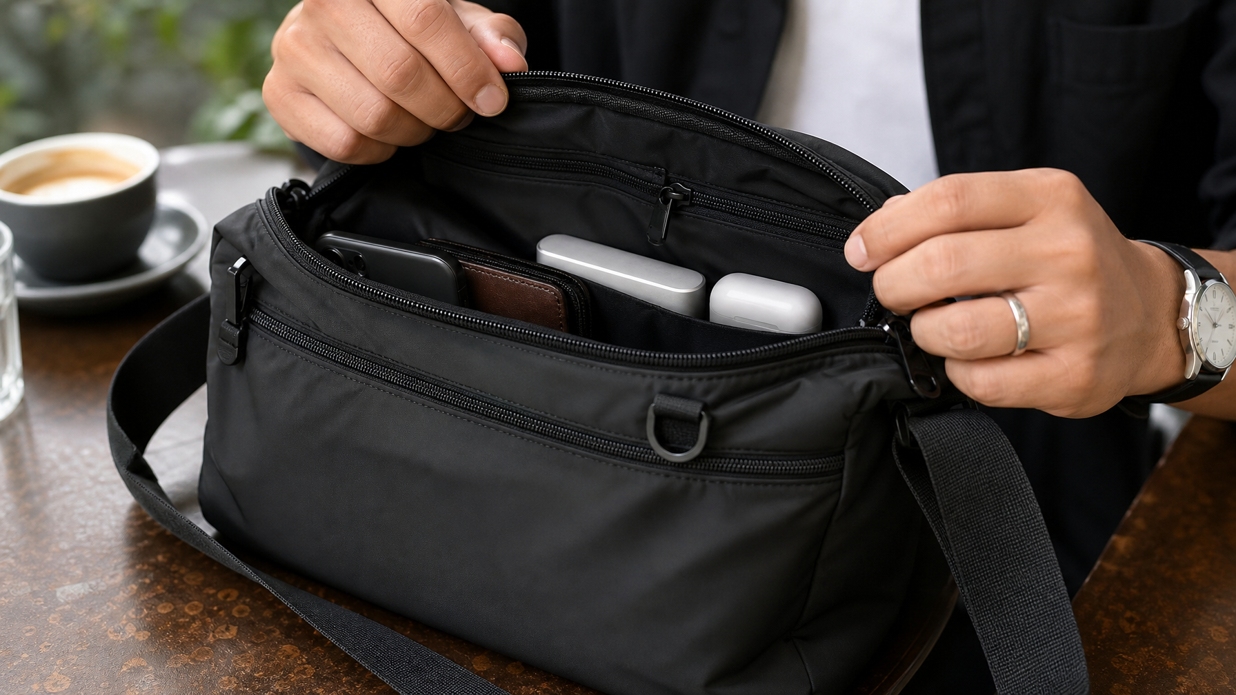 Close view of hands closing the top zip of a matte black messenger bag on a cafe table between meetings with phone and small essentials nearby