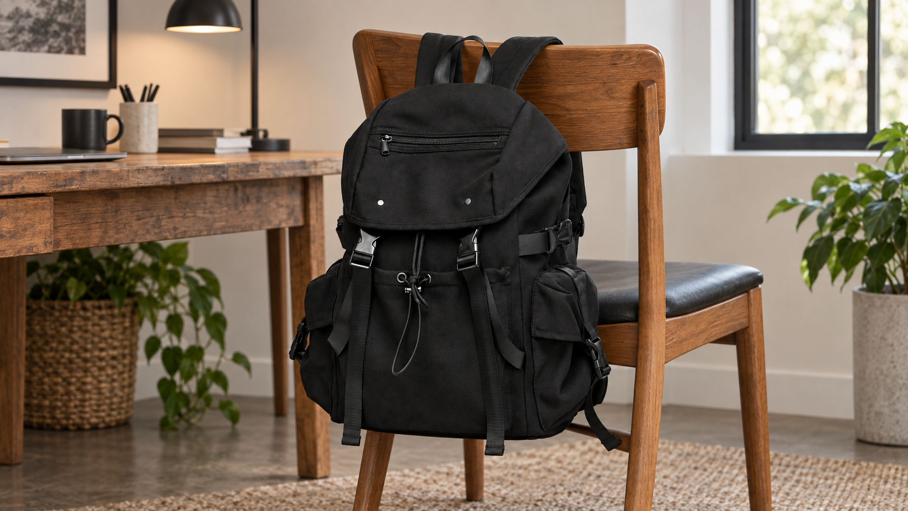 Black 26L flap-top everyday backpack hanging on a wooden office chair by two padded shoulder straps