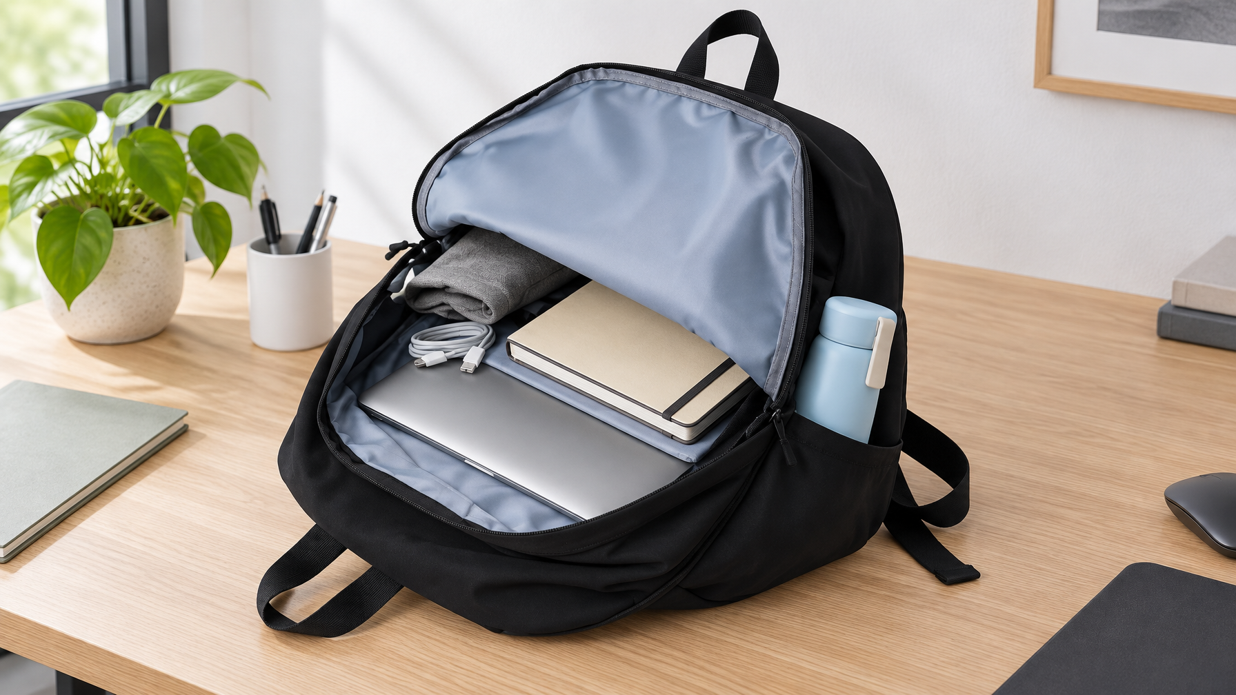Open black Lite Backpack on a desk with slim laptop, notebook, cable, and bottle in a side pocket