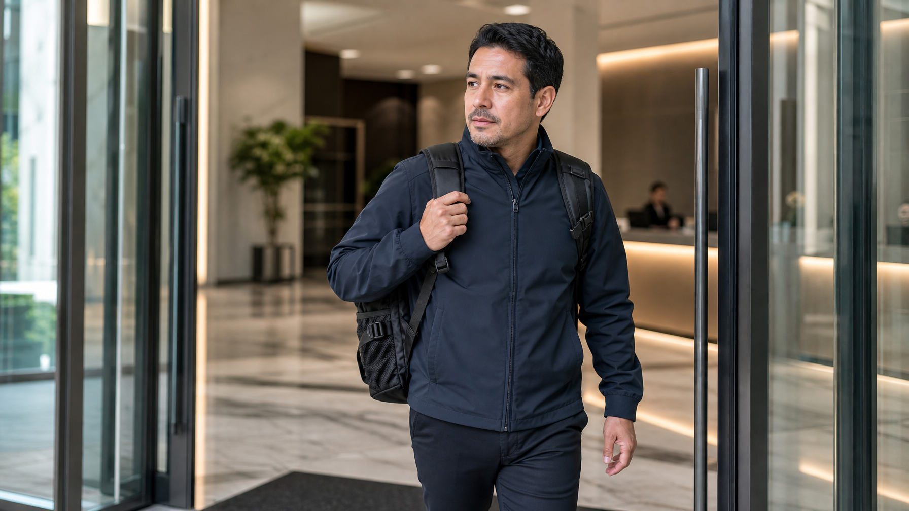 Hispanic man in his early 40s arriving at the interior lobby of a modern city office building, structured matte black organized backpack worn on both shoulders, marble floor and reception desk softly blurred behind him