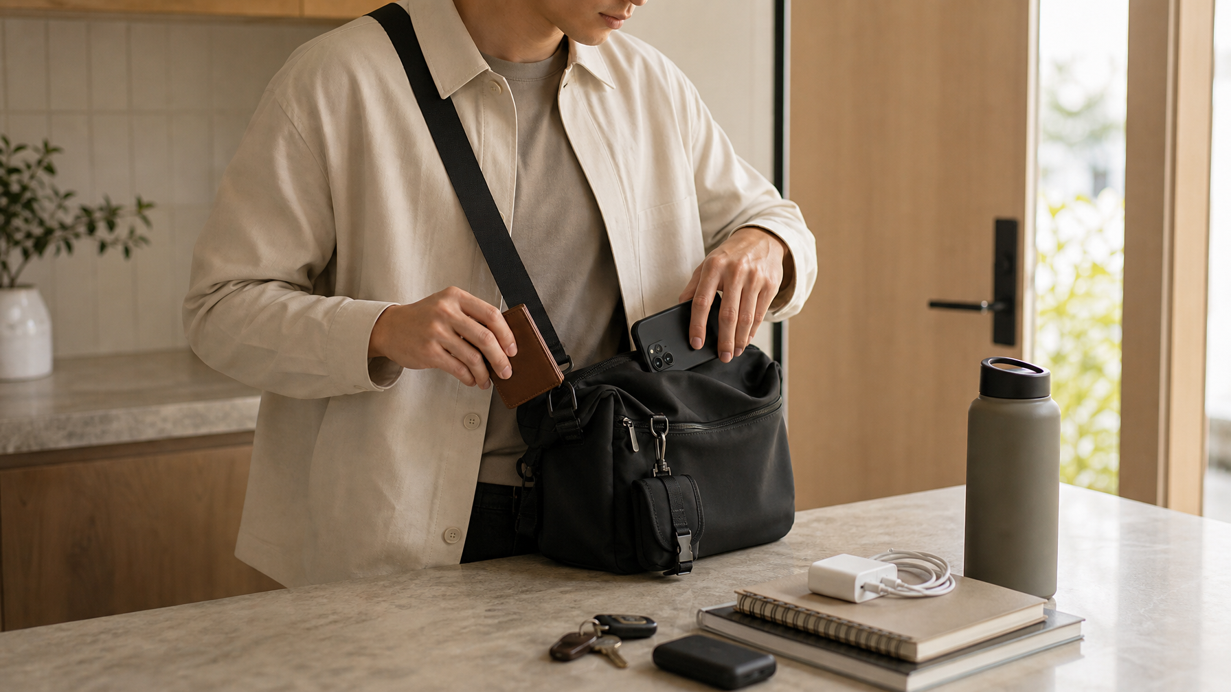 Person packing a black crossbody messenger at a kitchen counter while spare charger and notebook stay on the counter