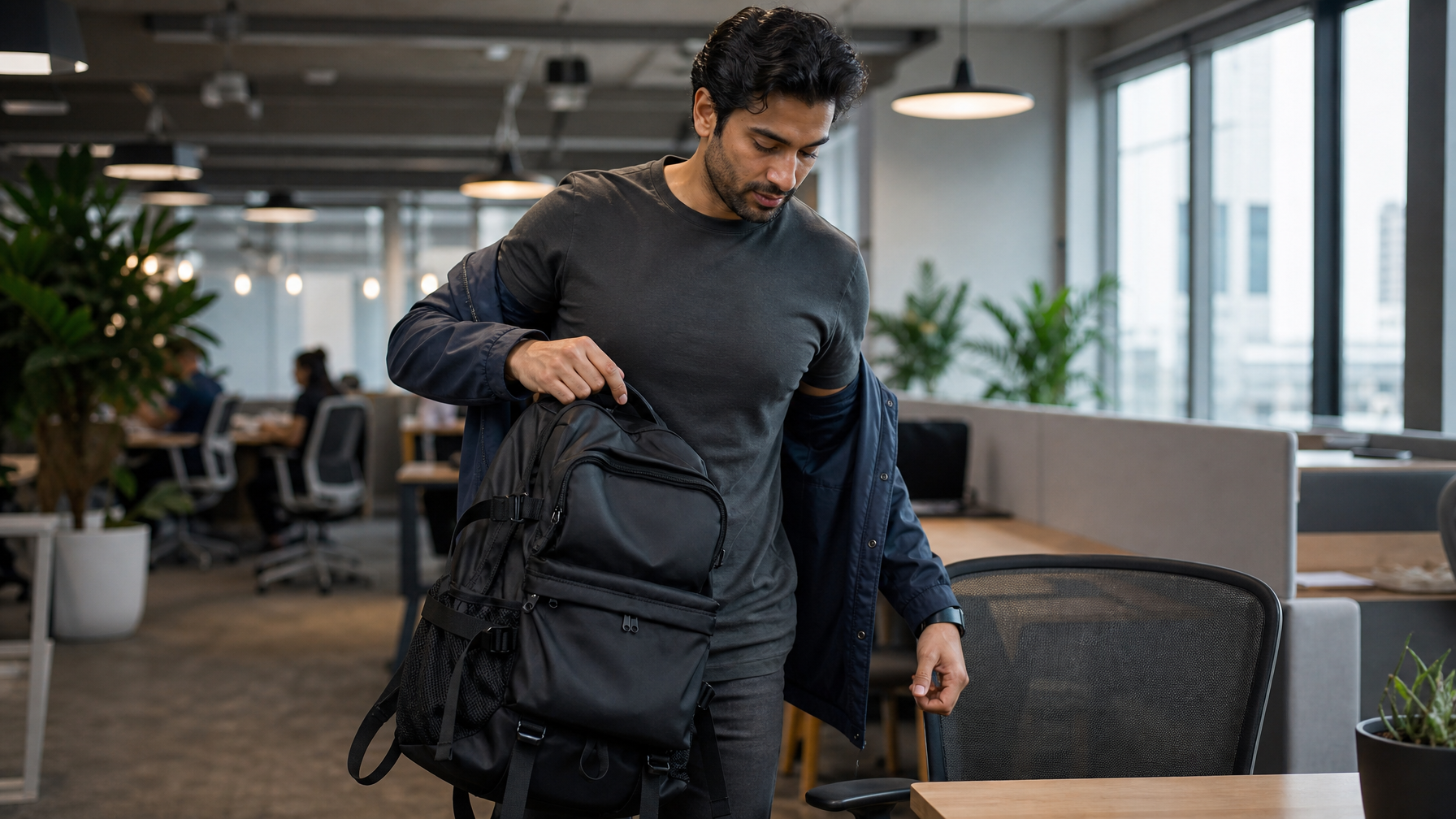 South Asian man in his mid-30s setting a large black backpack on a chair at a co-working arrival