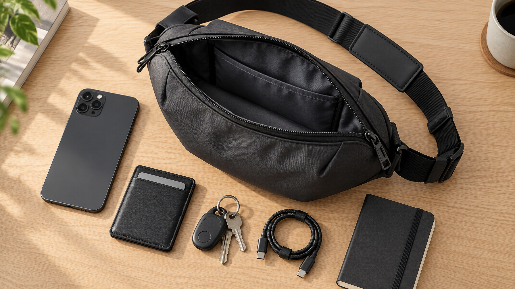 Open black crossbody bag flat lay with phone, wallet, keys, short cable, and thin notebook only