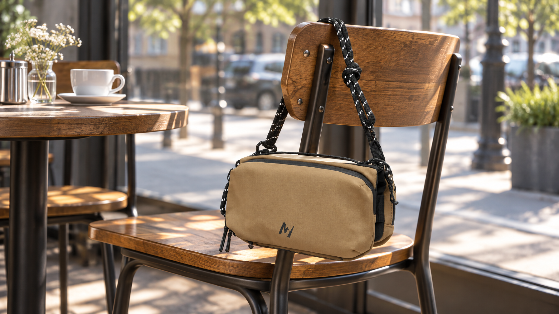Compact crossbody hanging on the back of an empty cafe chair by its strap