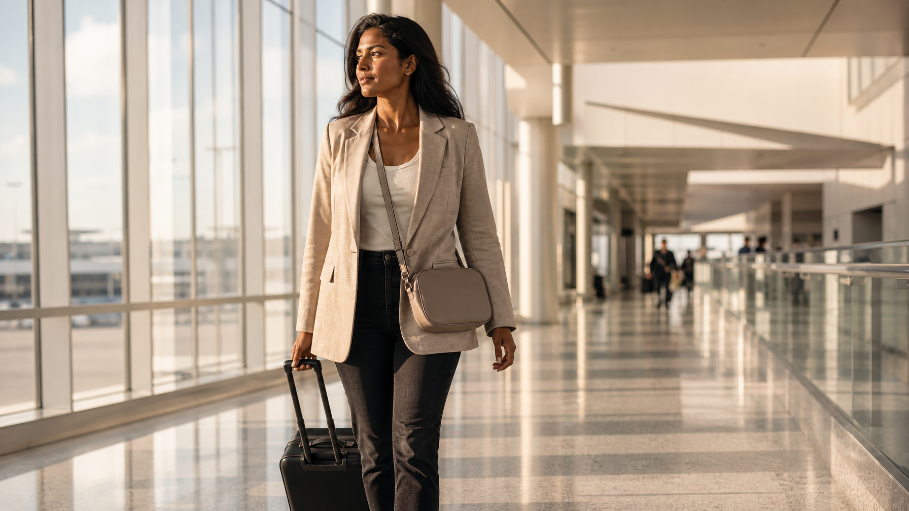 Traveler walking a bright airport concourse with a small unbranded crossbody and rolling cabin bag