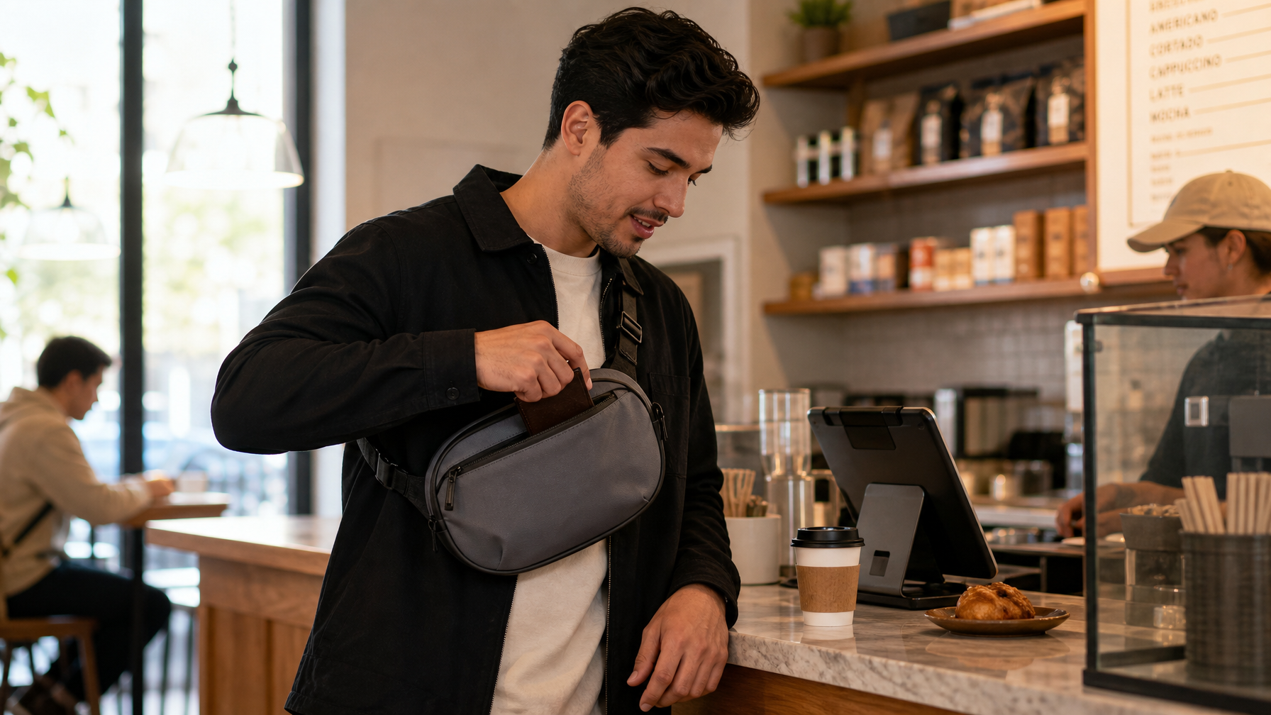 Hispanic man in late 20s at bright US coffee shop counter wearing a slim black crossbody sling bag, reaching for wallet mid-order