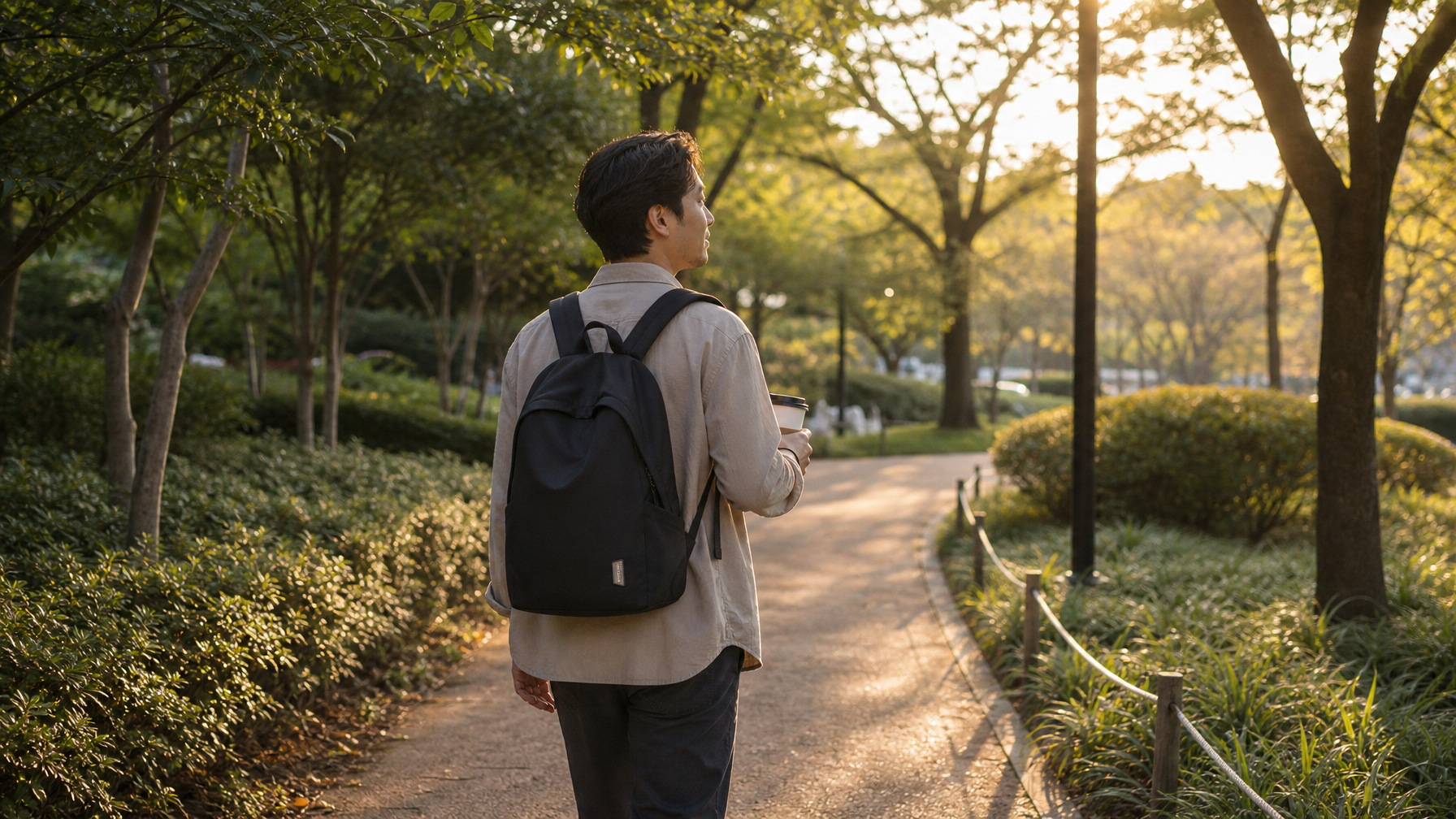 East Asian man in early 30s walking a city park path with a slim dark backpack and coffee in late afternoon light