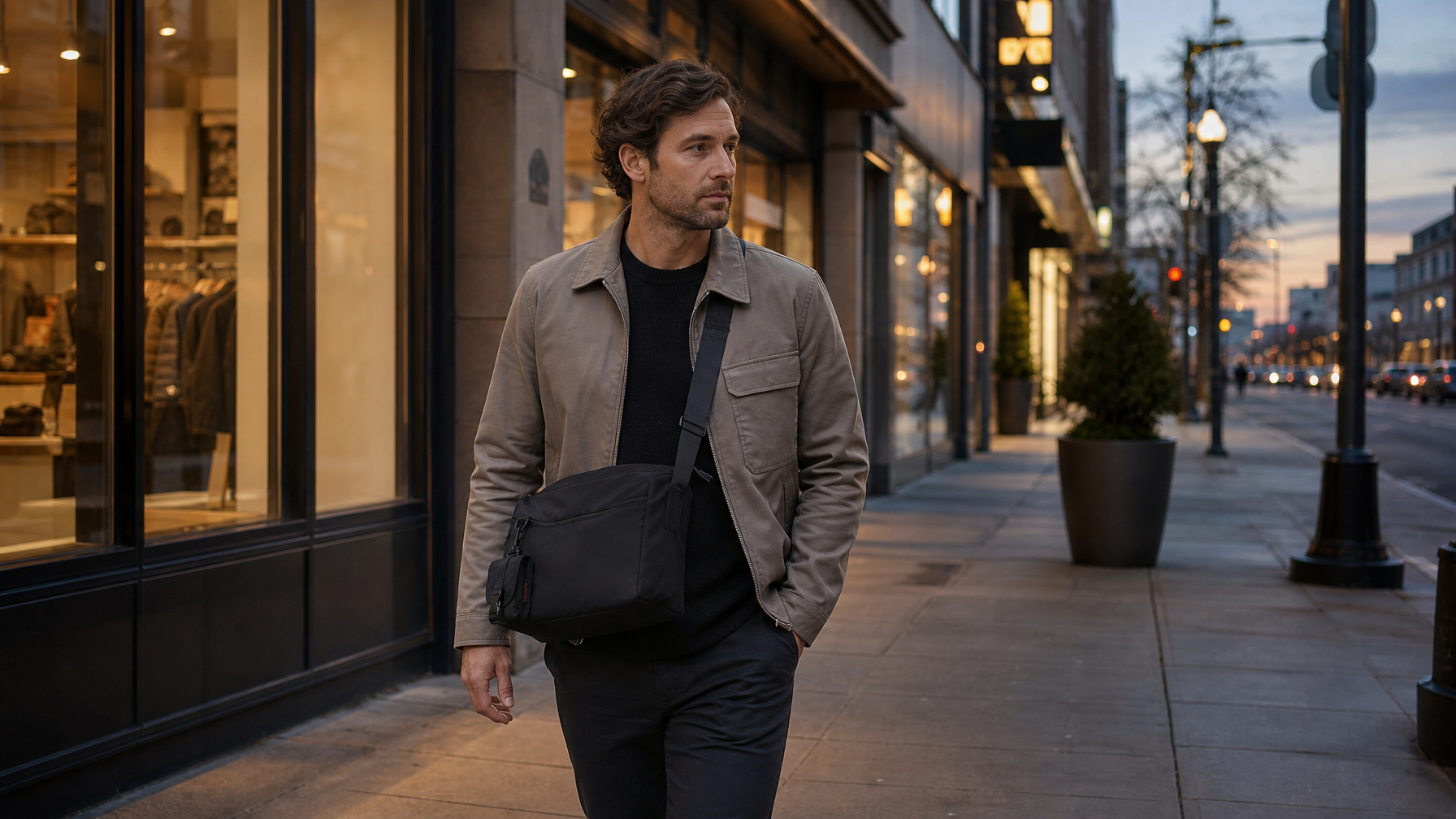 Person walking a city street at dusk with a matte black messenger worn crossbody