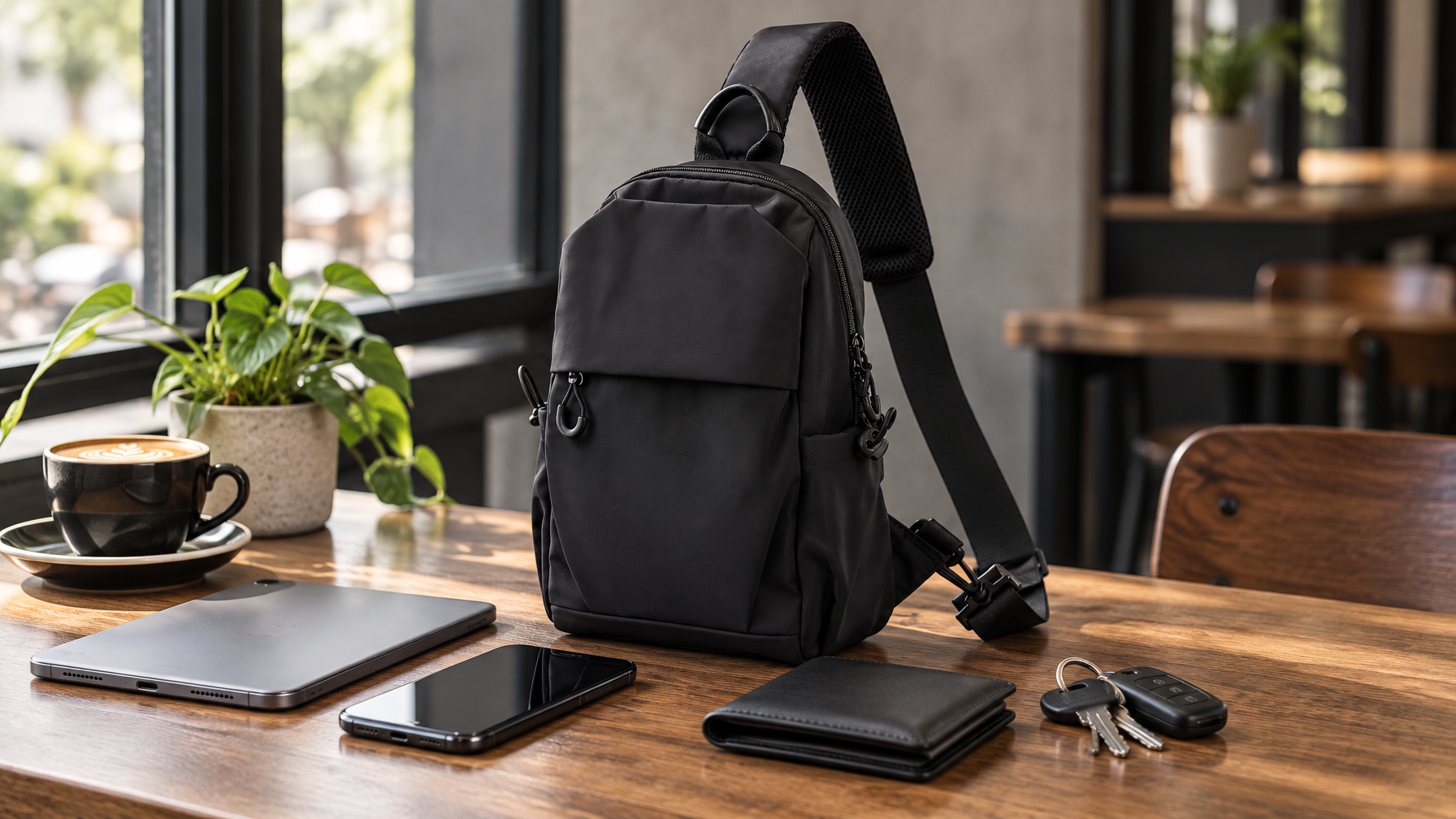 Black Vector Sling standing on an American cafe table beside a closed 11-inch tablet, phone, wallet, and keys