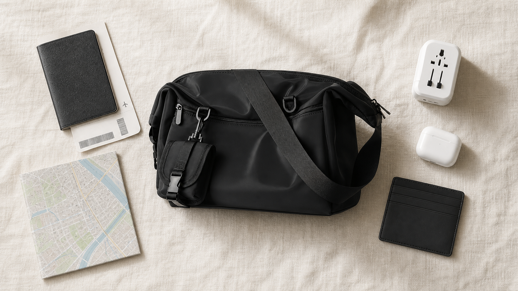 Overhead flat lay of international travel essentials on neutral linen: matte black compact messenger bag, passport, boarding pass, travel adapter, earbuds case, folded city map, slim wallet