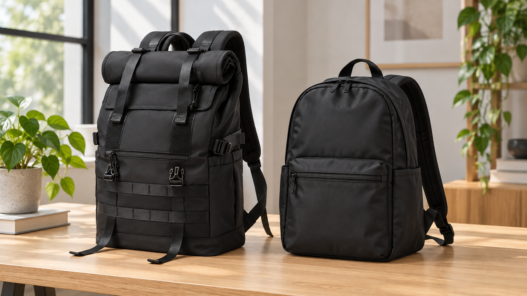 Closed black roll-top backpack beside a smaller fixed day pack on a light oak table