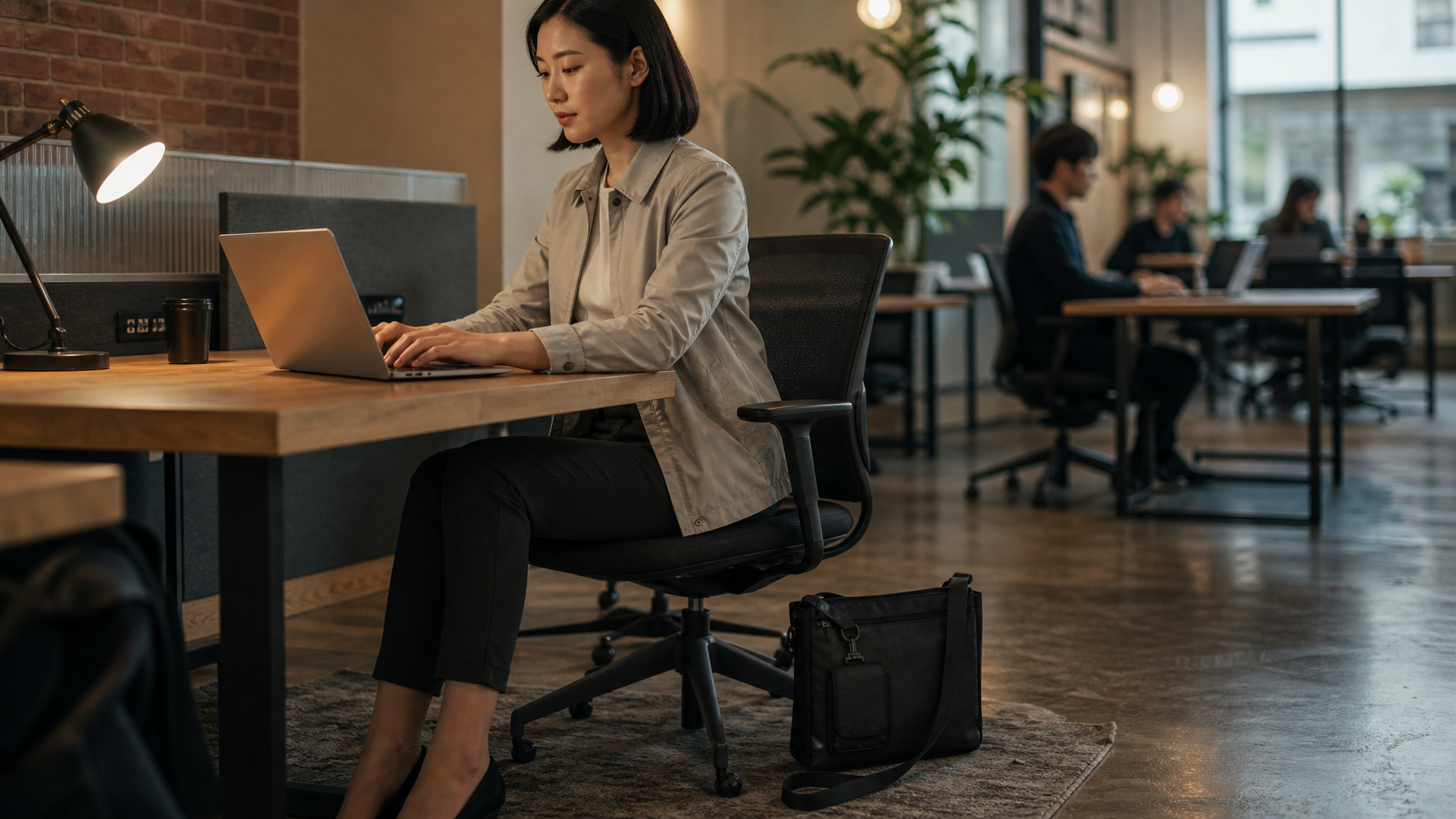 East Asian woman at a coworking hot desk, laptop open, focused on screen. Compact matte black messenger bag settled on the floor beside her chair, slightly open