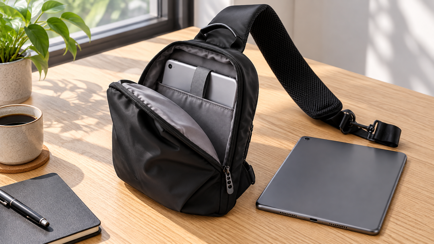 Open black tablet sling with a closed 9.7-inch tablet beside the main zip compartment on a light oak desk