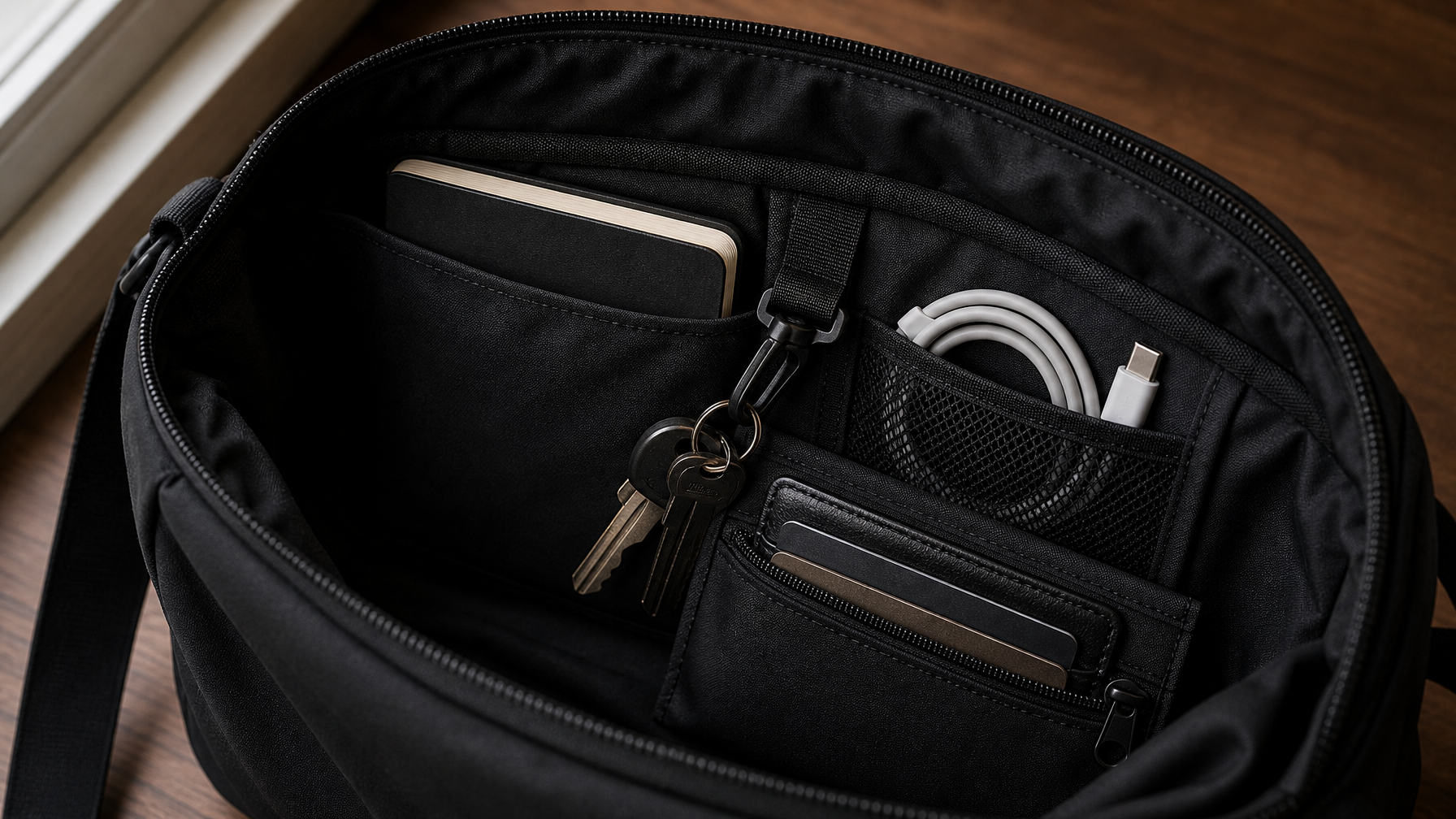 Close-up interior of a compact matte black messenger bag. Organized slip pocket with notebook, key clip with keys, mesh pocket with USB cable, zip pocket with cardholder