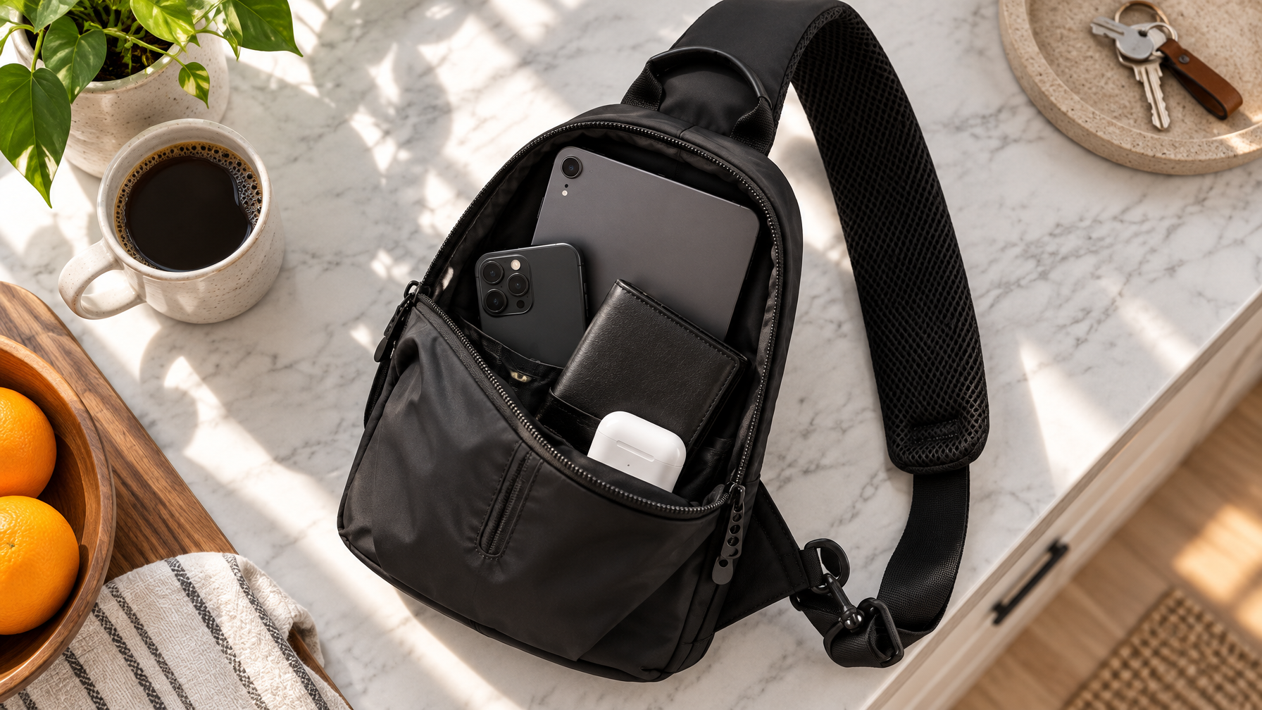 Overhead of a black sling unzipped on a kitchen counter with tablet, phone, wallet, and earbuds only