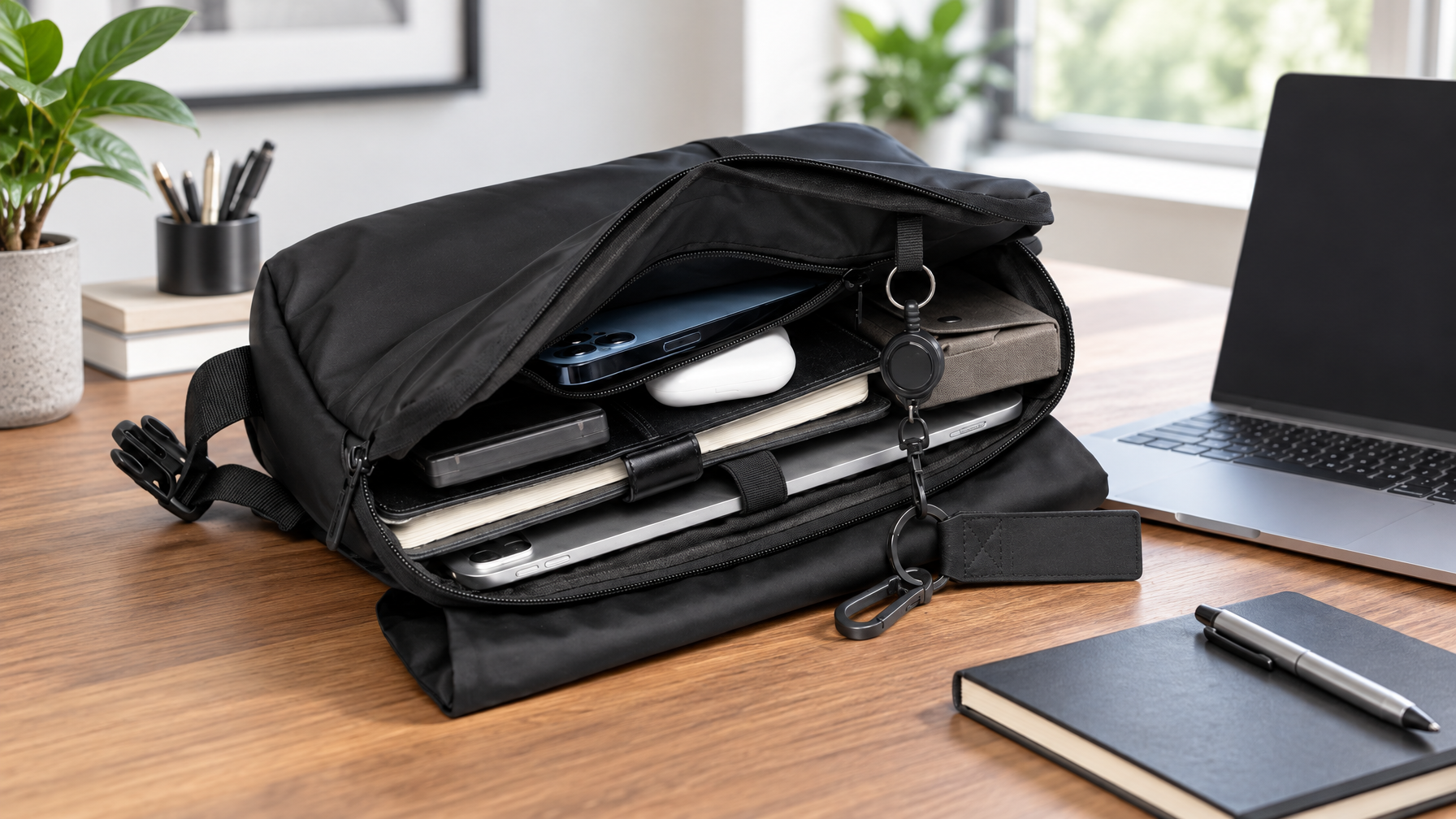 Open black flap laptop brief on a desk beside a slim notebook and laptop