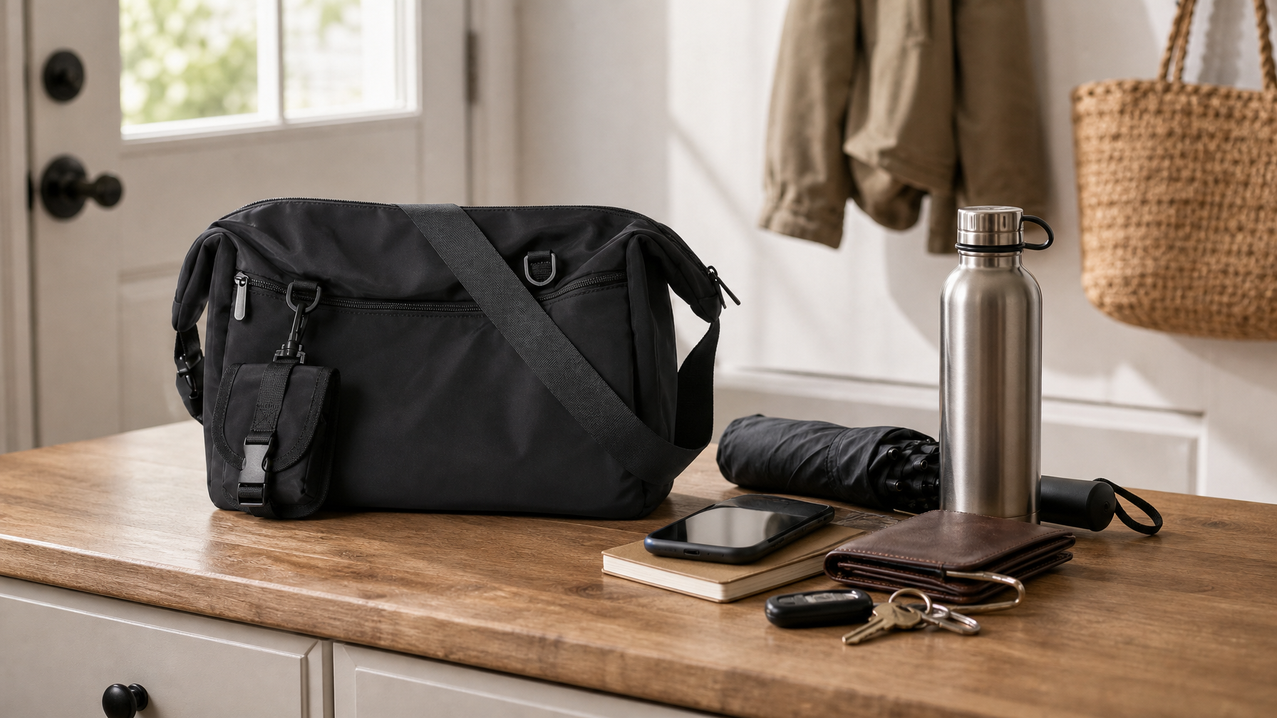 Black messenger bag on a kitchen counter beside umbrella, water bottle, phone, wallet, and keys before a morning walk