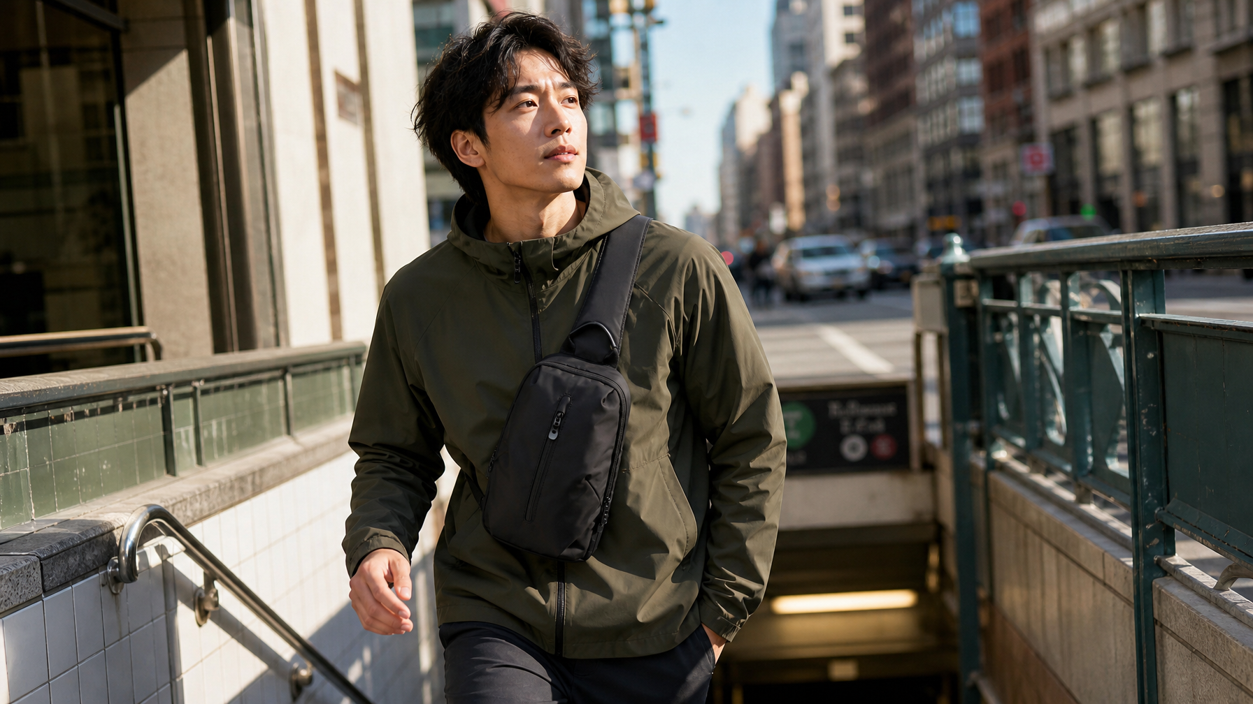 Person wearing a compact sling bag crossbody, stepping out of a subway entrance into bright morning city light on a city street