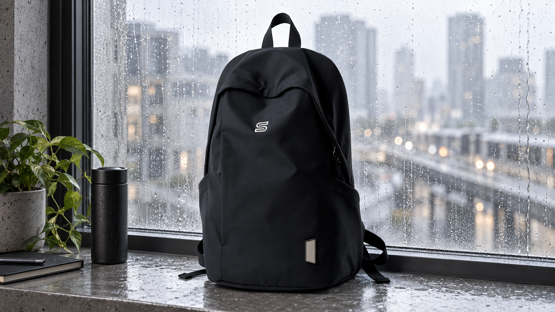 Black Oxford everyday backpack standing by a rain-wet city window