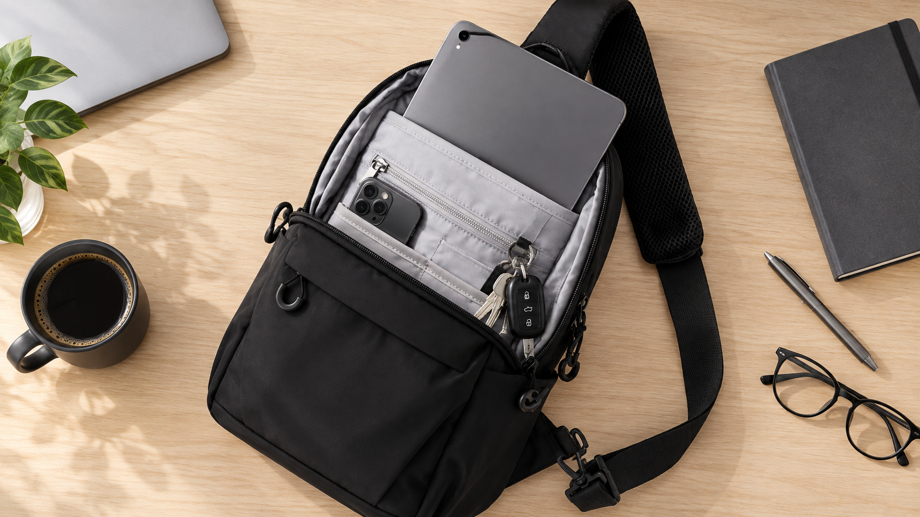 Open black structured sling on a wood desk with an 11-inch tablet sliding into the sleeve