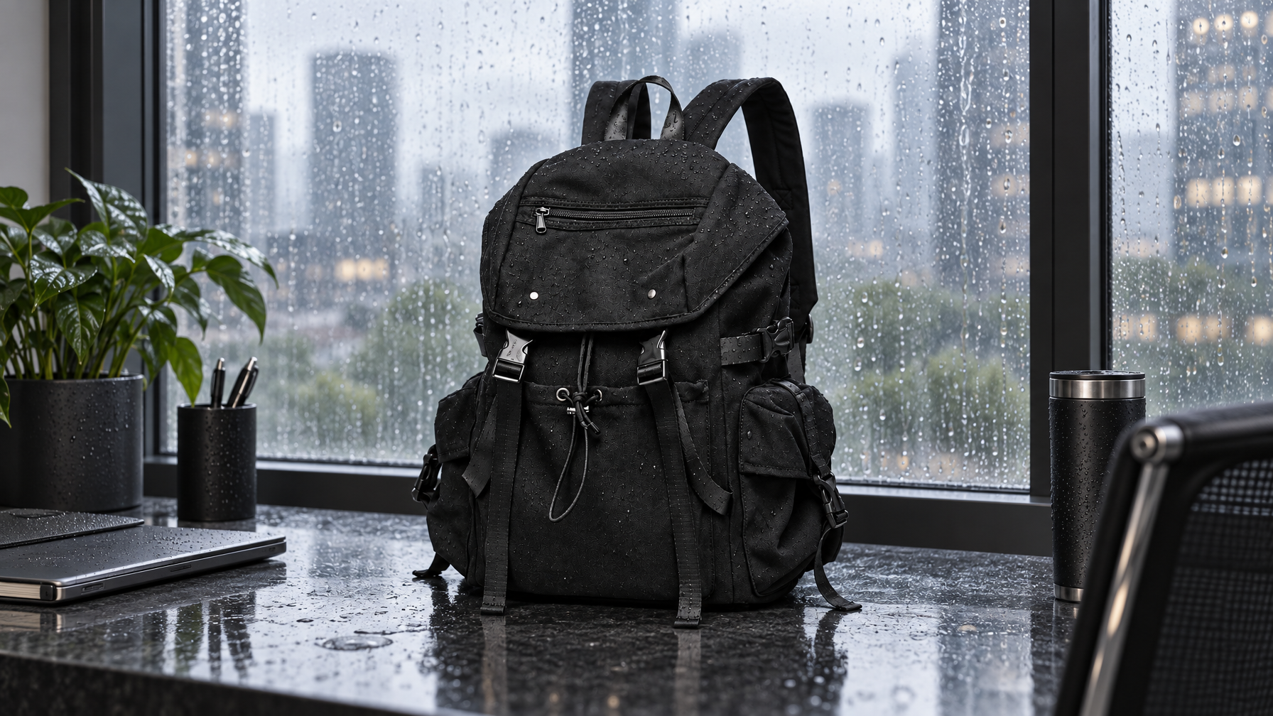 Black 26L flap-top everyday backpack standing by a rain-wet office window