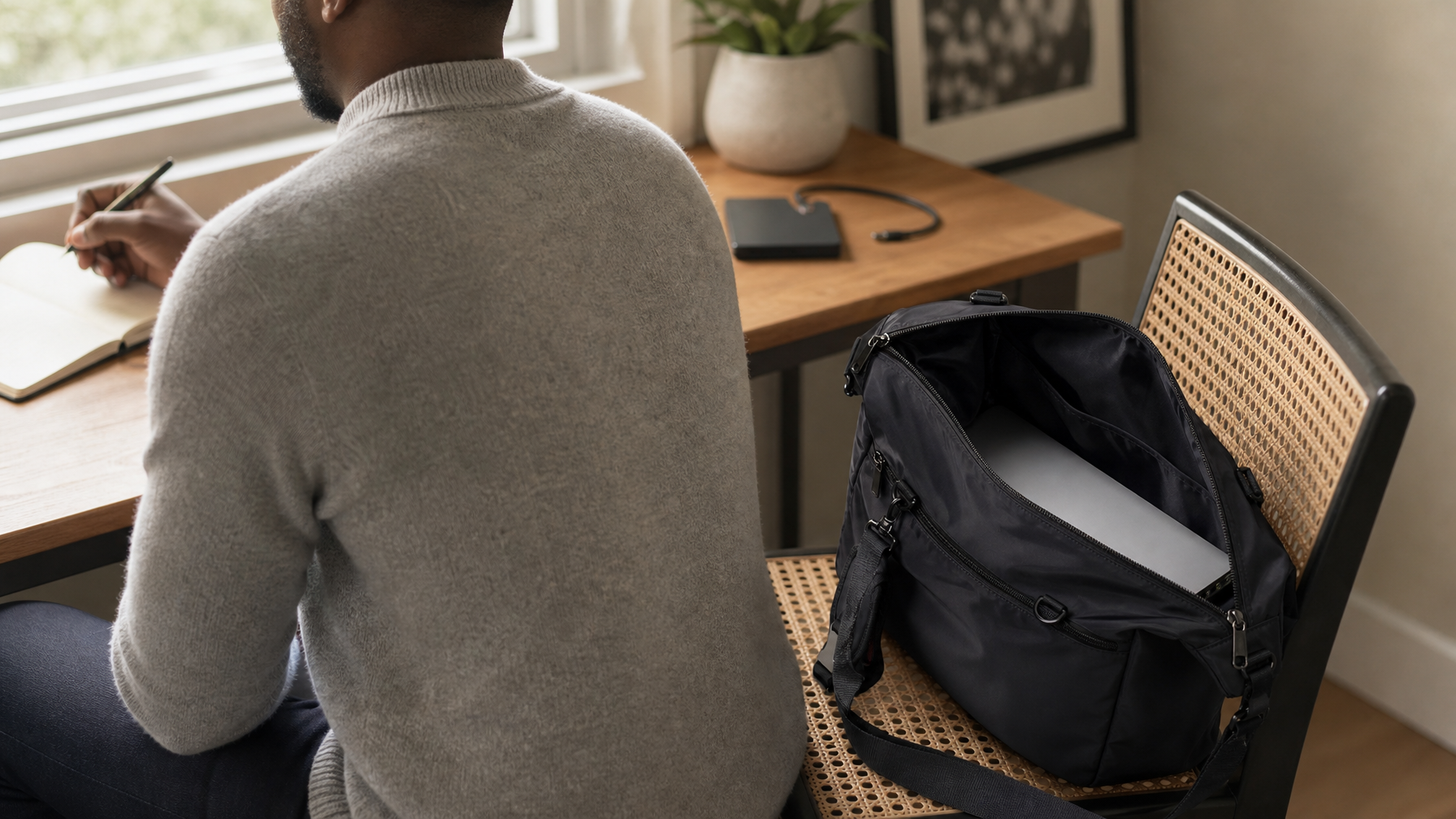 Open black messenger on a desk showing a laptop in the main compartment with a short cable and notebook