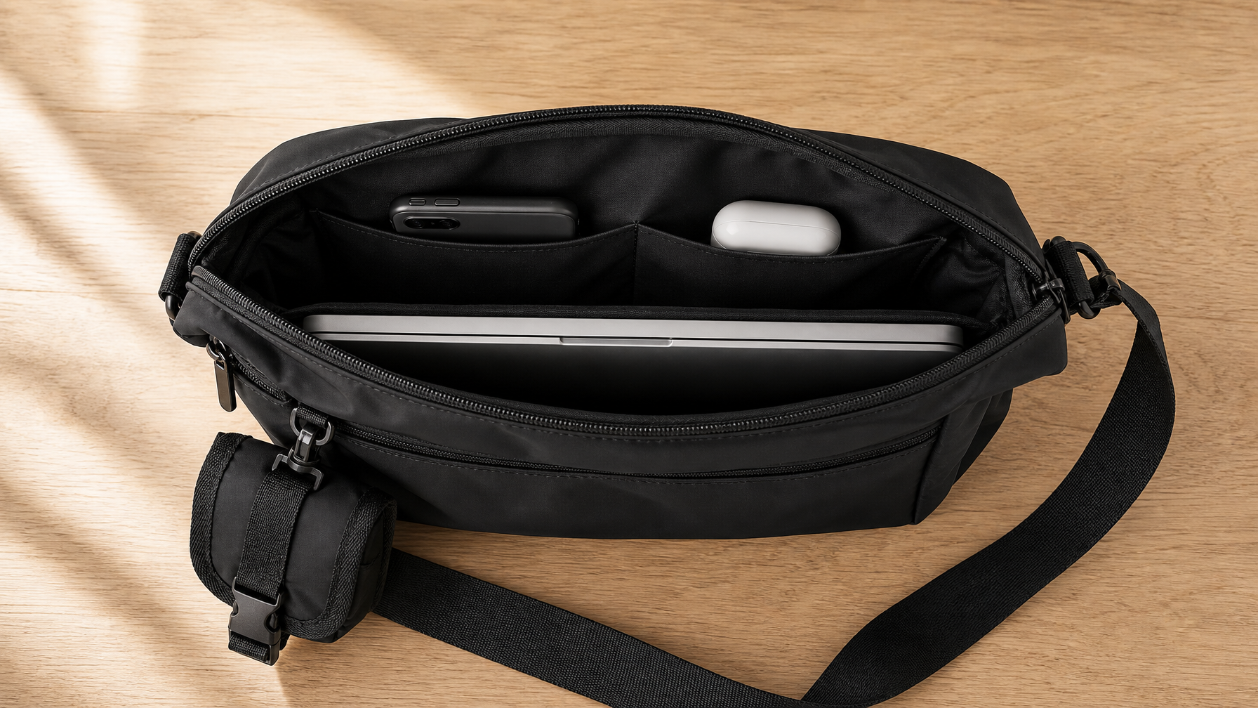 Overhead view into an open matte black messenger bag on a light wood surface. Laptop visible along one side, phone in a slip pocket, earbuds case in the adjacent pocket, each item with a defined home
