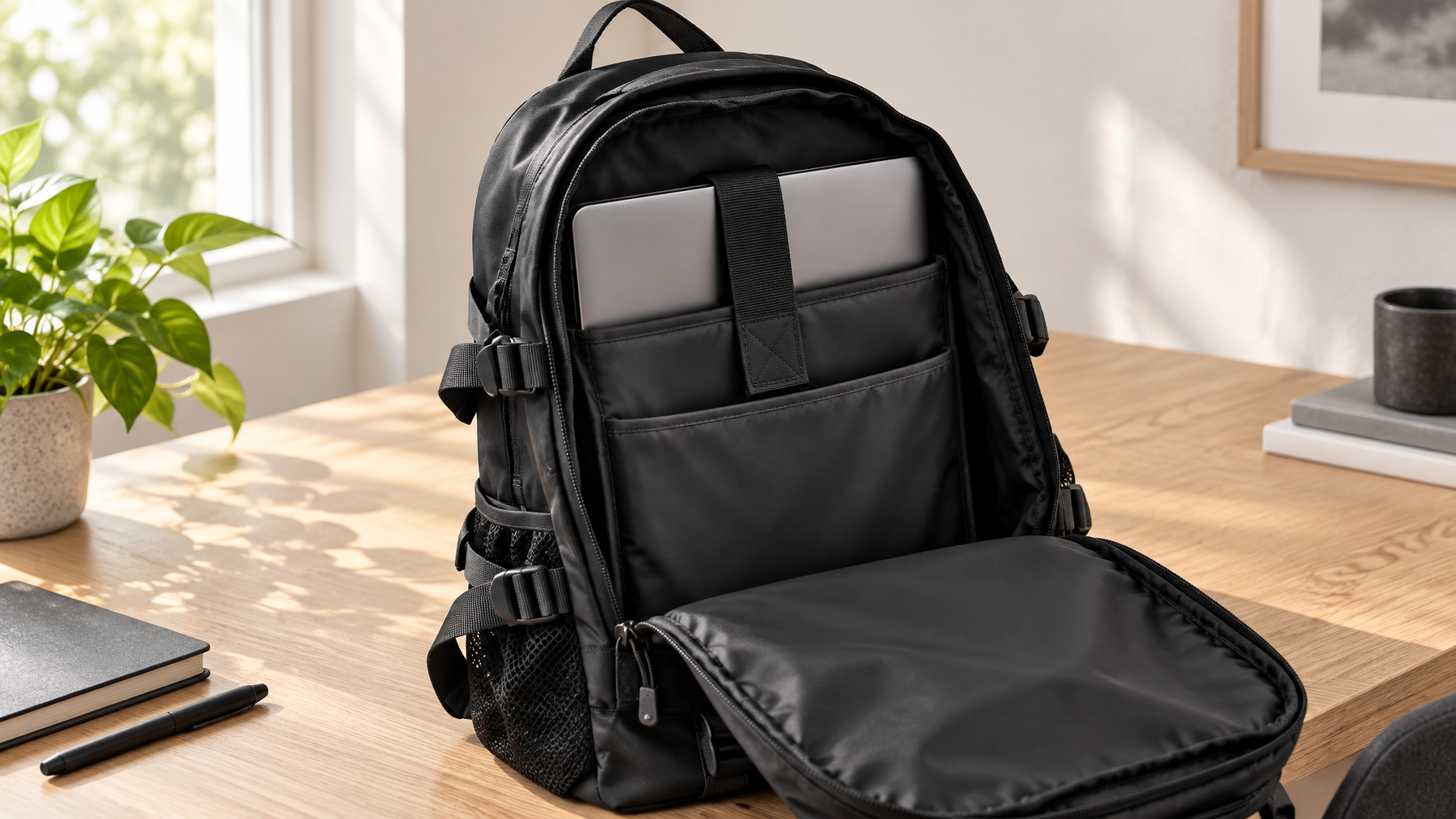 Open black laptop backpack with a closed large laptop in a padded sleeve on a light oak desk