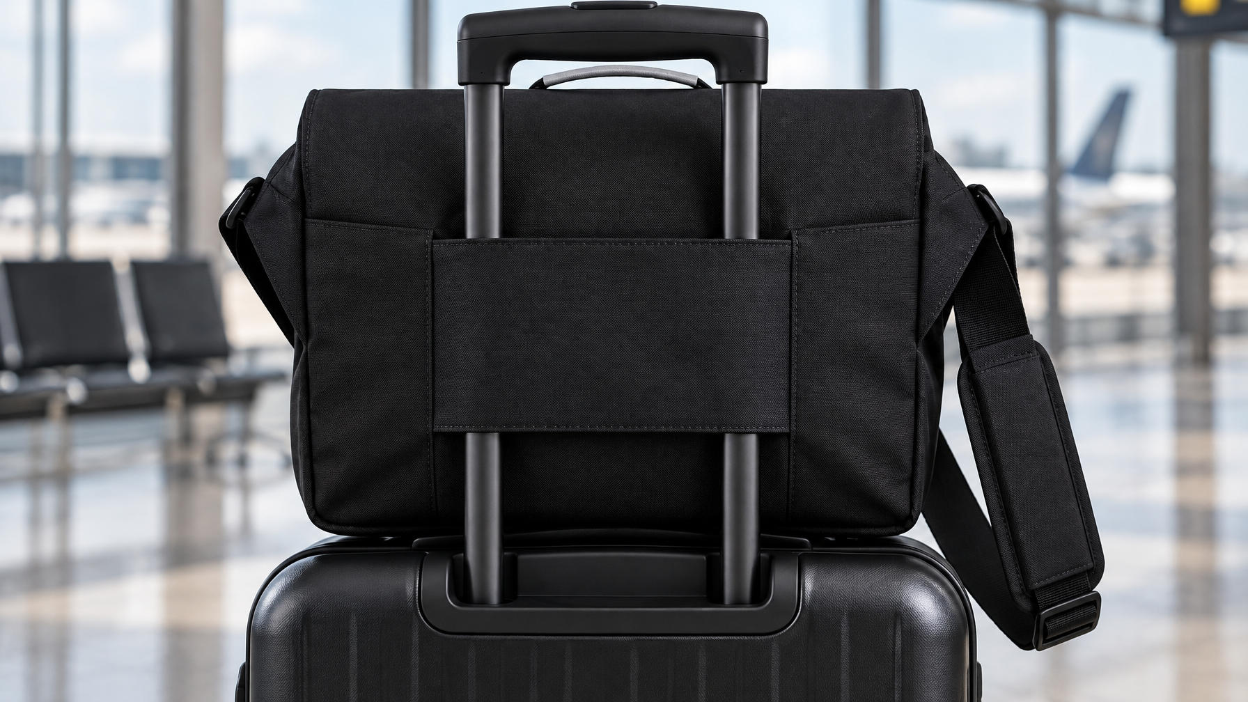 Black fold-over messenger luggage sleeve sliding onto a rolling suitcase handle