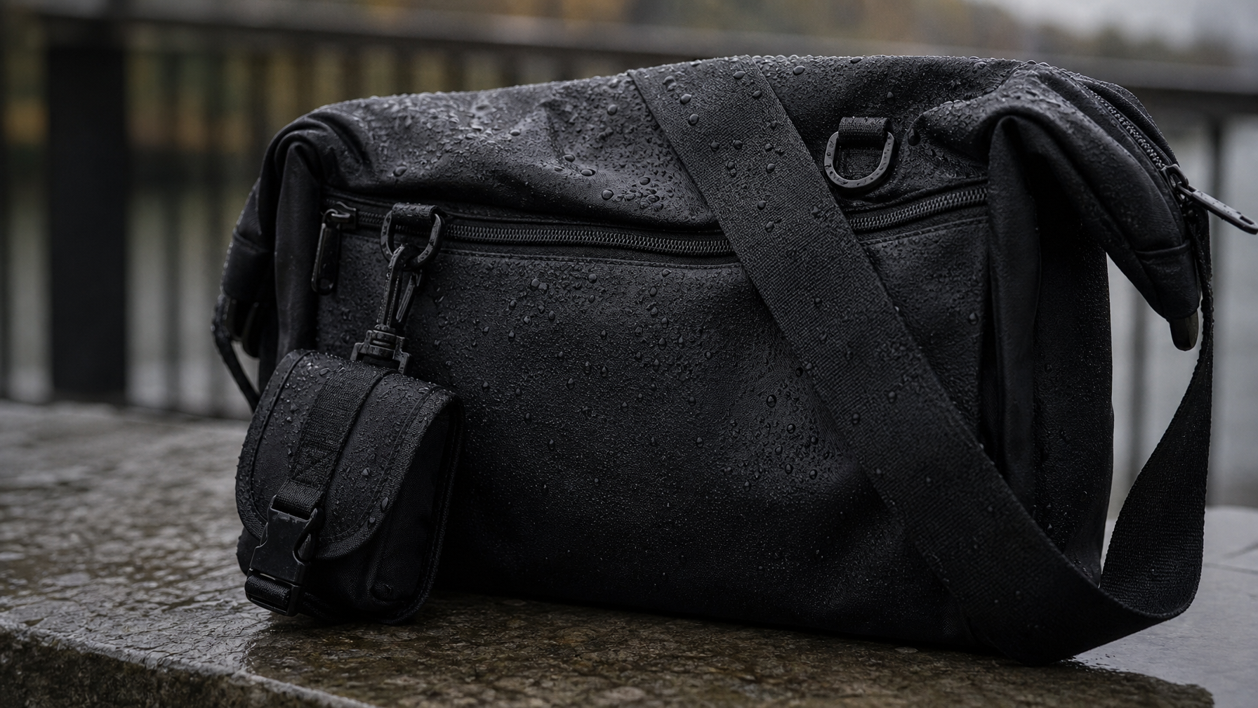 Rain droplets beading on a closed black messenger bag fabric outdoors