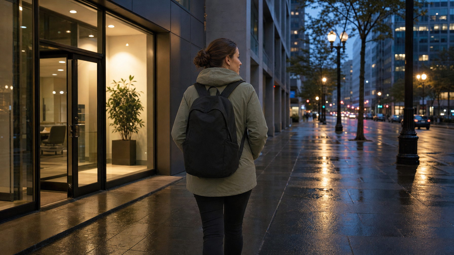 Woman walking away from a lit office entrance at dusk with a black two-strap backpack on both shoulders