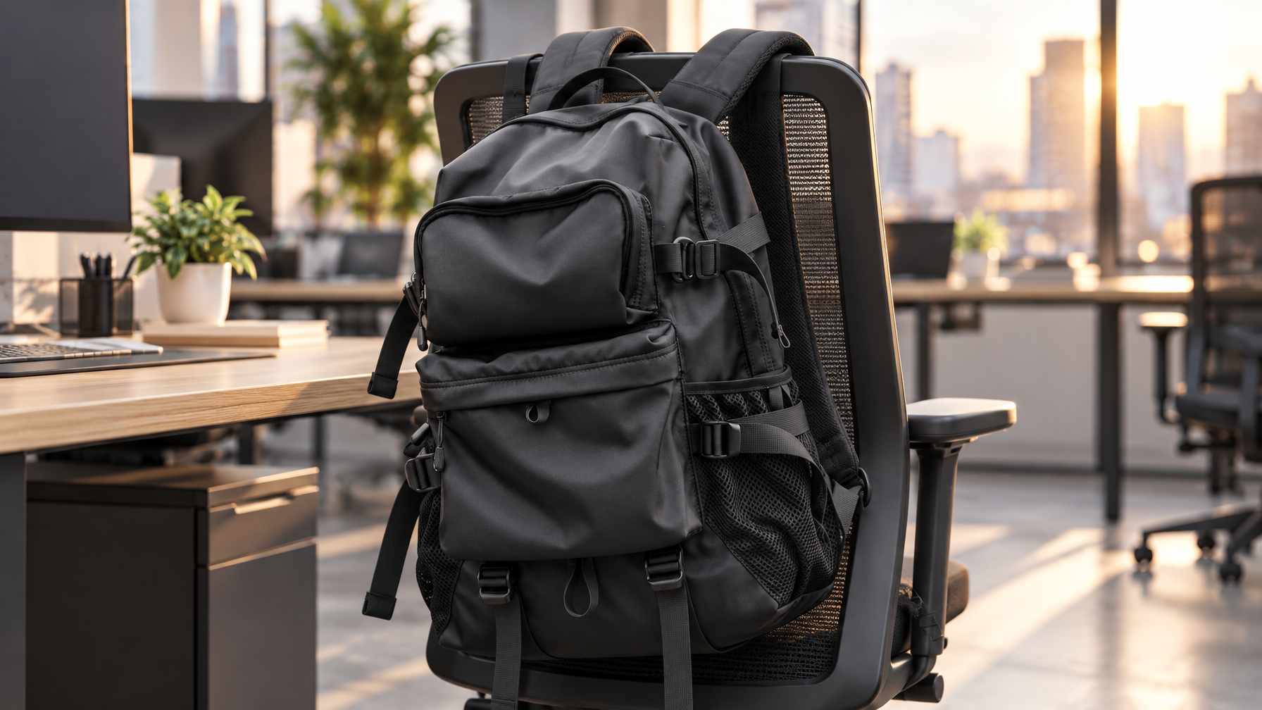 Black laptop backpack hanging on an office chair by both padded shoulder straps