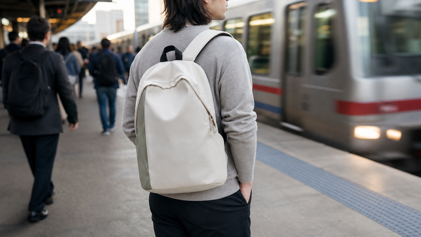 Over-the-shoulder view of a commuter on a busy urban train platform wearing a slim dark compact backpack, train arriving in background