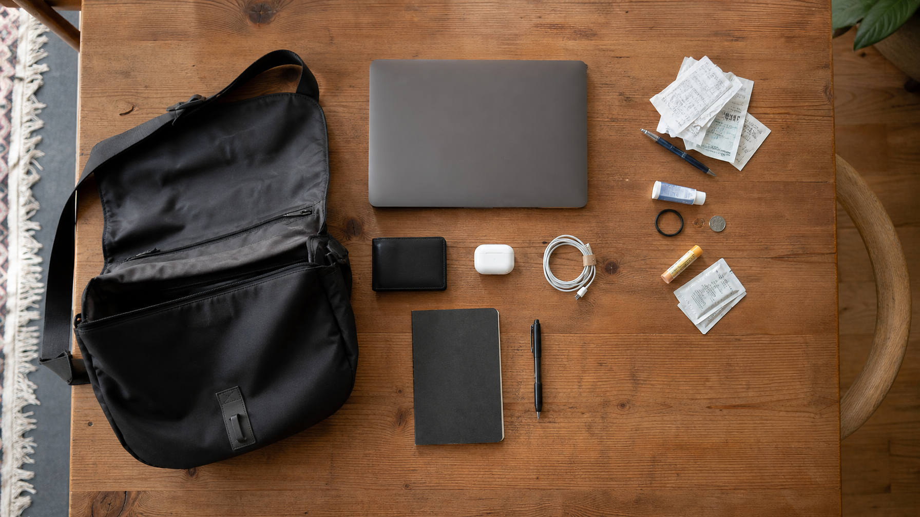 Overhead view of everyday bag contents spread on a wooden table for a weekly audit — laptop, wallet, earbuds, cables, notebook and receipts laid out in organized groups
