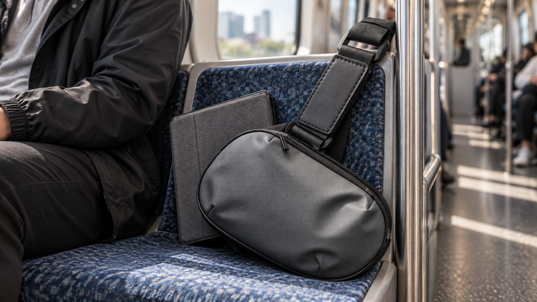 Slim black crossbody and tablet sleeve on a commuter rail seat in daylight, no laptop