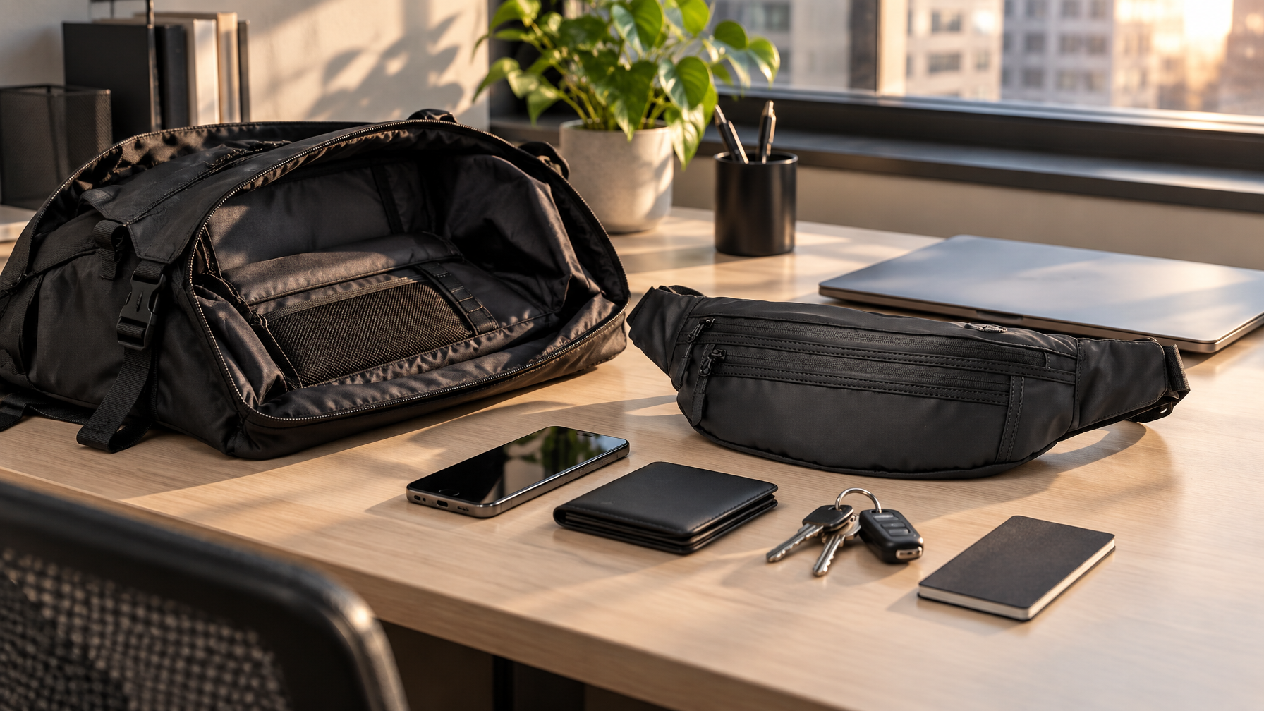 Office desk at end of day with closed laptop set aside, open day bag, and compact black waist pack holding phone wallet and keys