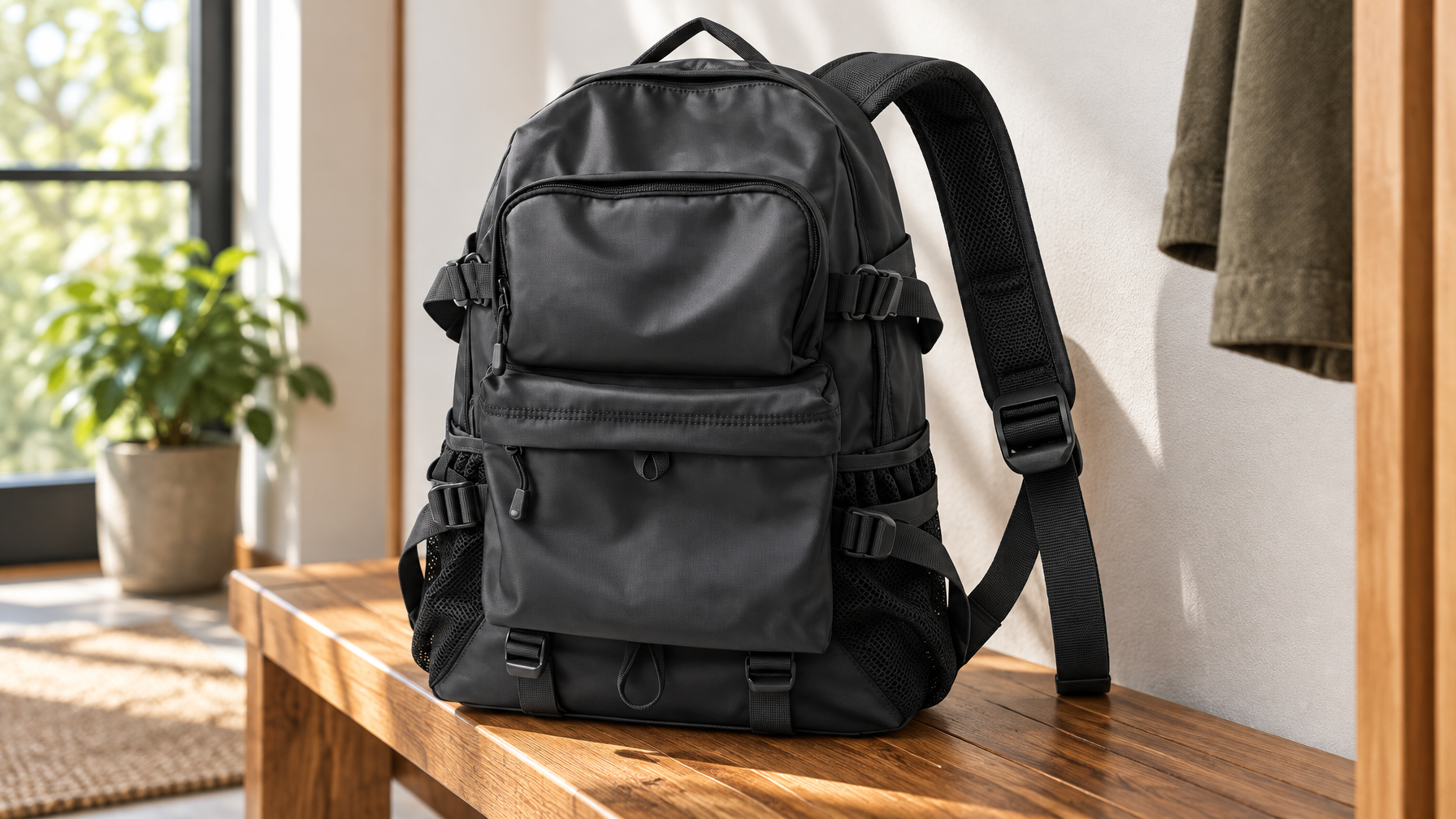 Black laptop backpack on a wood bench with one padded S-curve shoulder strap in detail