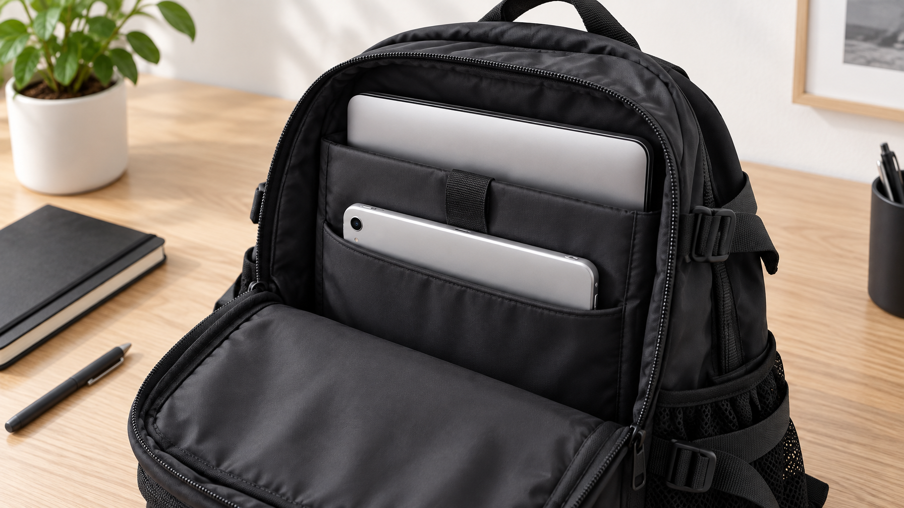 Open black Apex dual-compartment laptop backpack with a closed laptop in the padded laptop sleeve and a tablet in a separate padded tablet sleeve on a light oak desk
