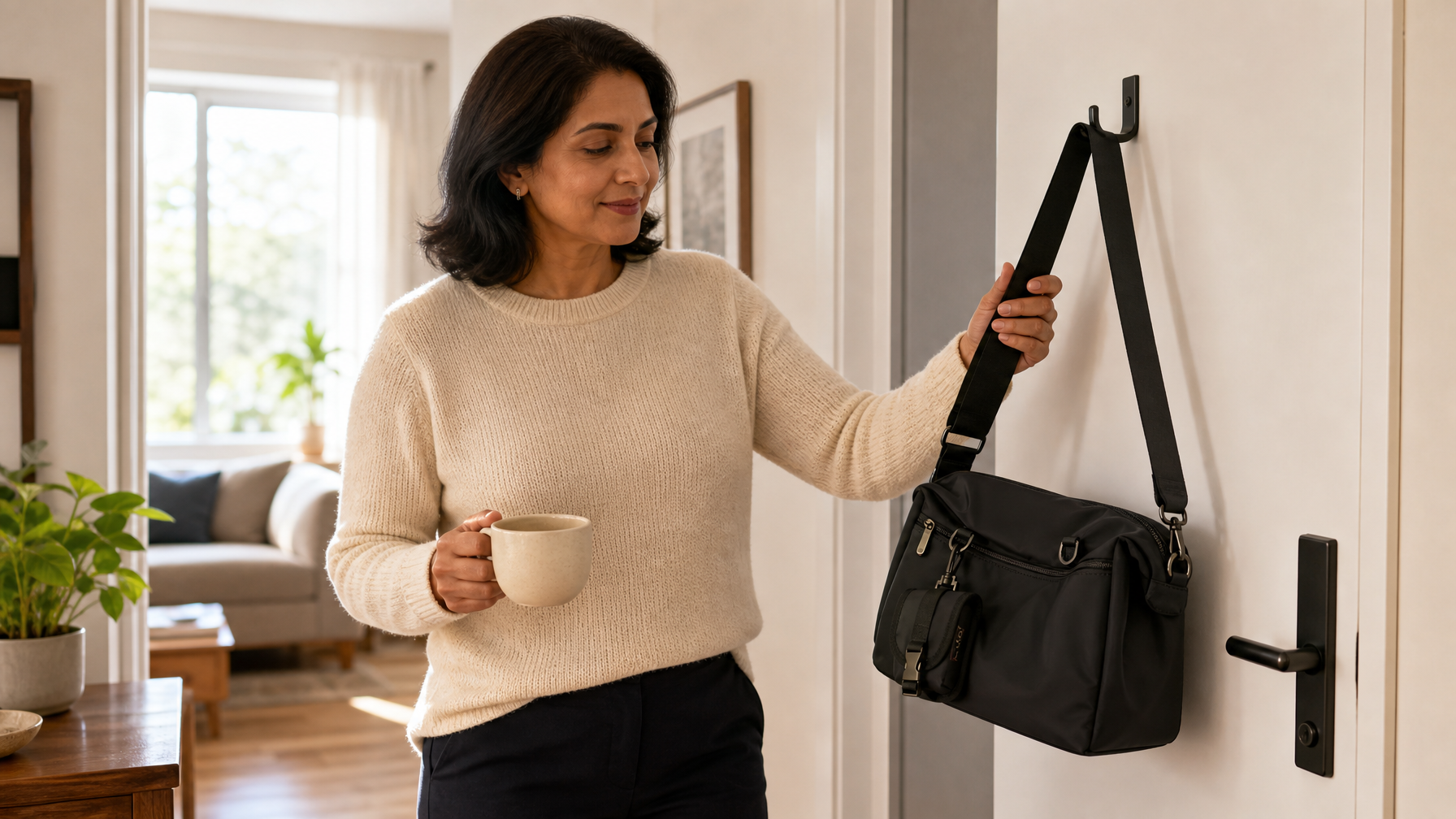 Calm morning at the door taking a black messenger bag off a hook with coffee in hand