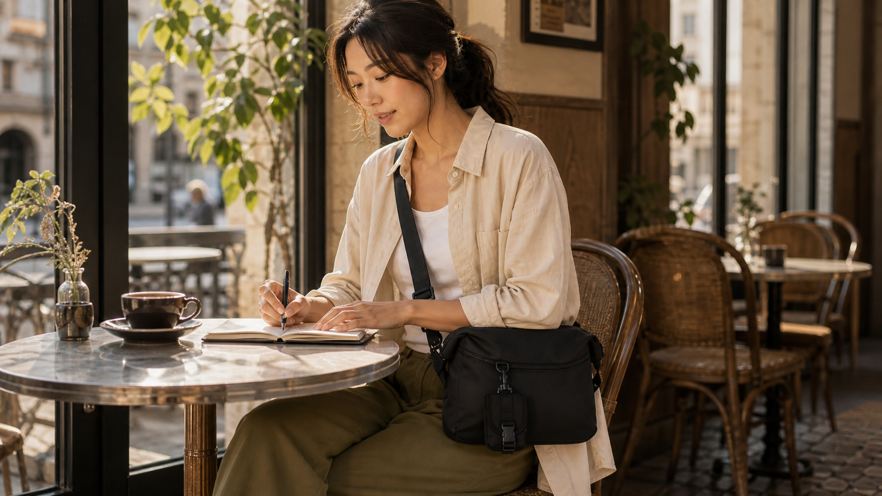 Traveler at a city café with coffee and notebook wearing a black messenger as a compact day bag