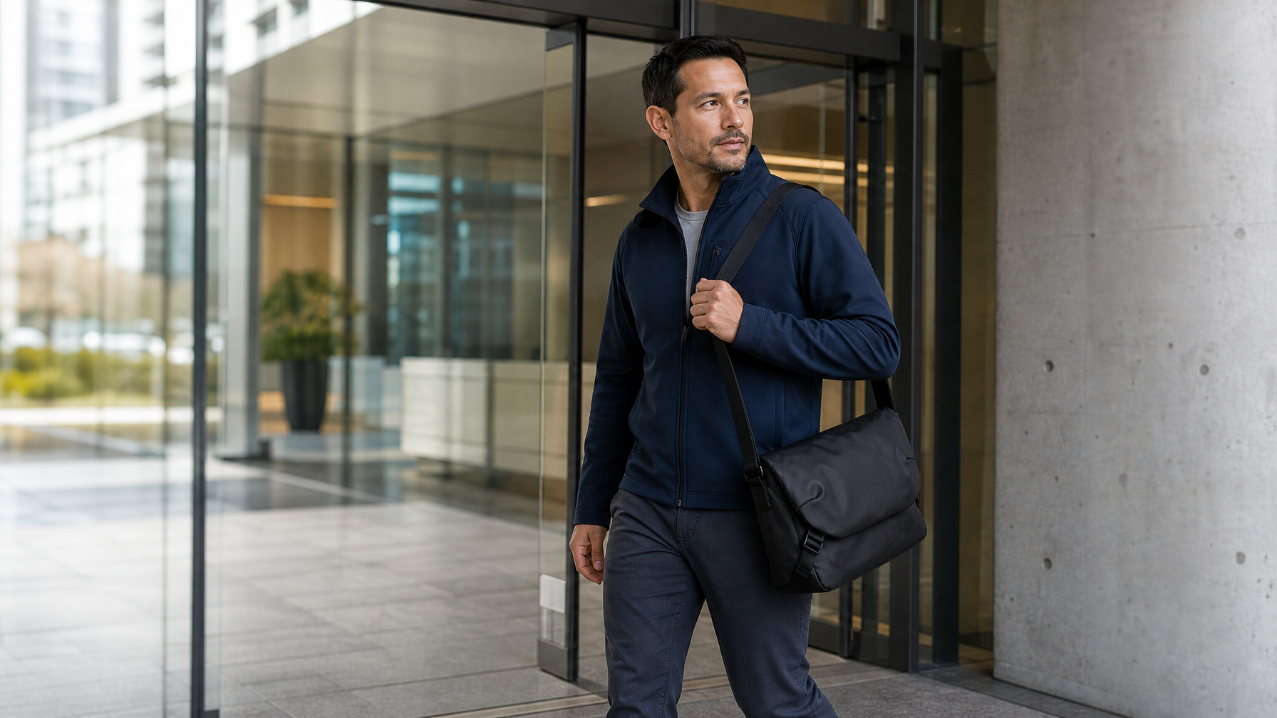 Man in navy softshell walking through a glass office lobby with a slim black laptop brief on his shoulder