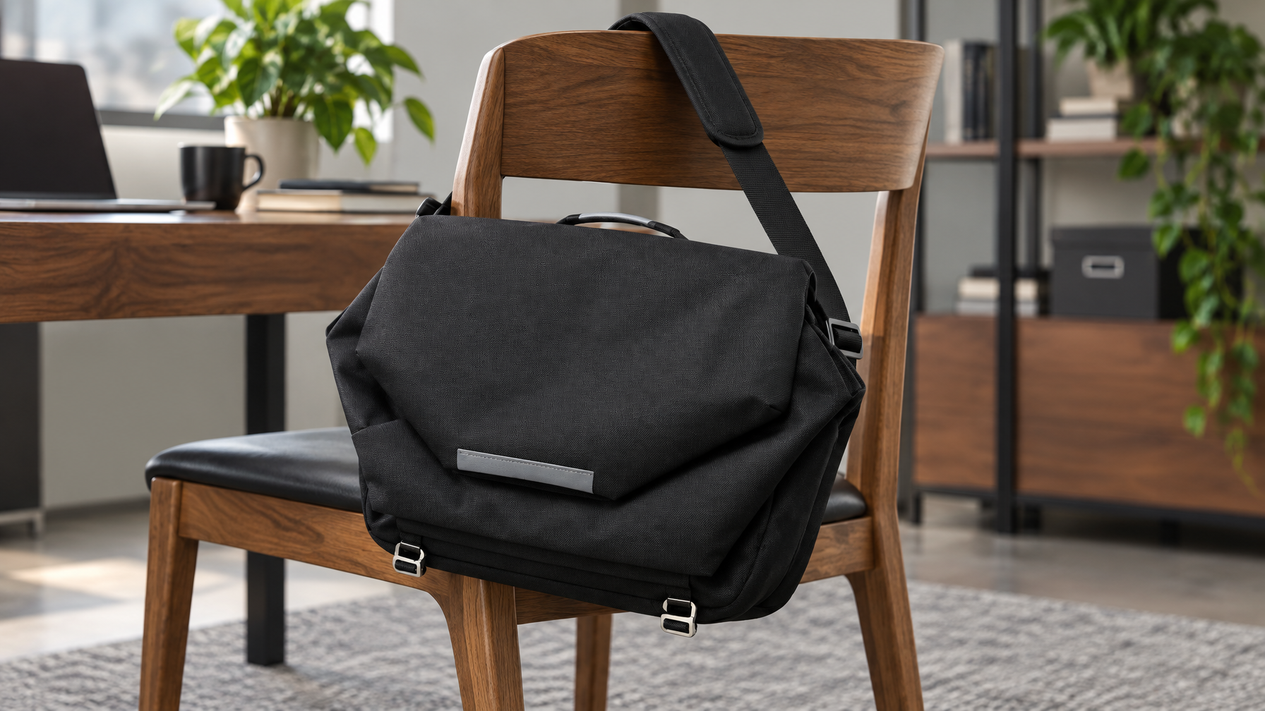 Black 600D Oxford messenger hanging on a wooden office chair by a single padded shoulder strap