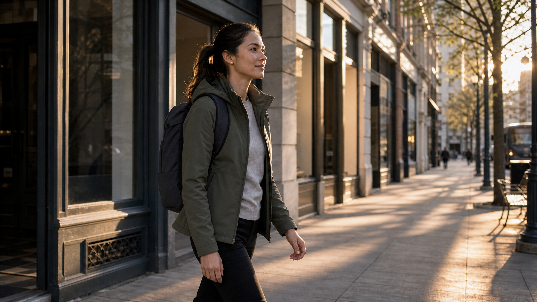 Woman in her late 20s walking confidently along a city sidewalk with a charcoal backpack on both shoulders, both hands free, morning sunlight at a low angle