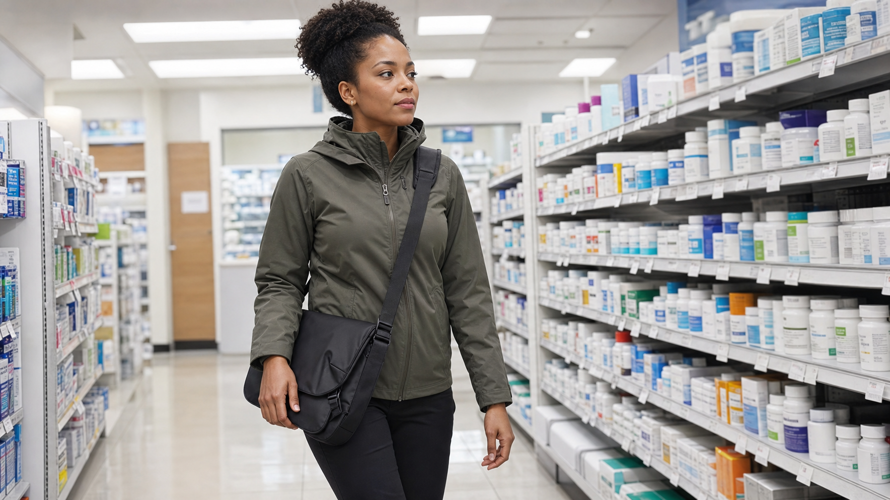 Woman walking a pharmacy aisle after work with a closed slim black laptop brief at her side
