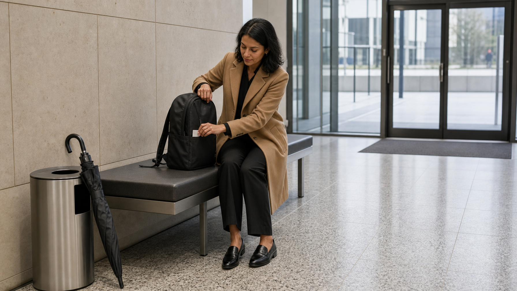 Office lobby arrival after a wet commute, slim backpack on a dry bench and umbrella parked away from the bag