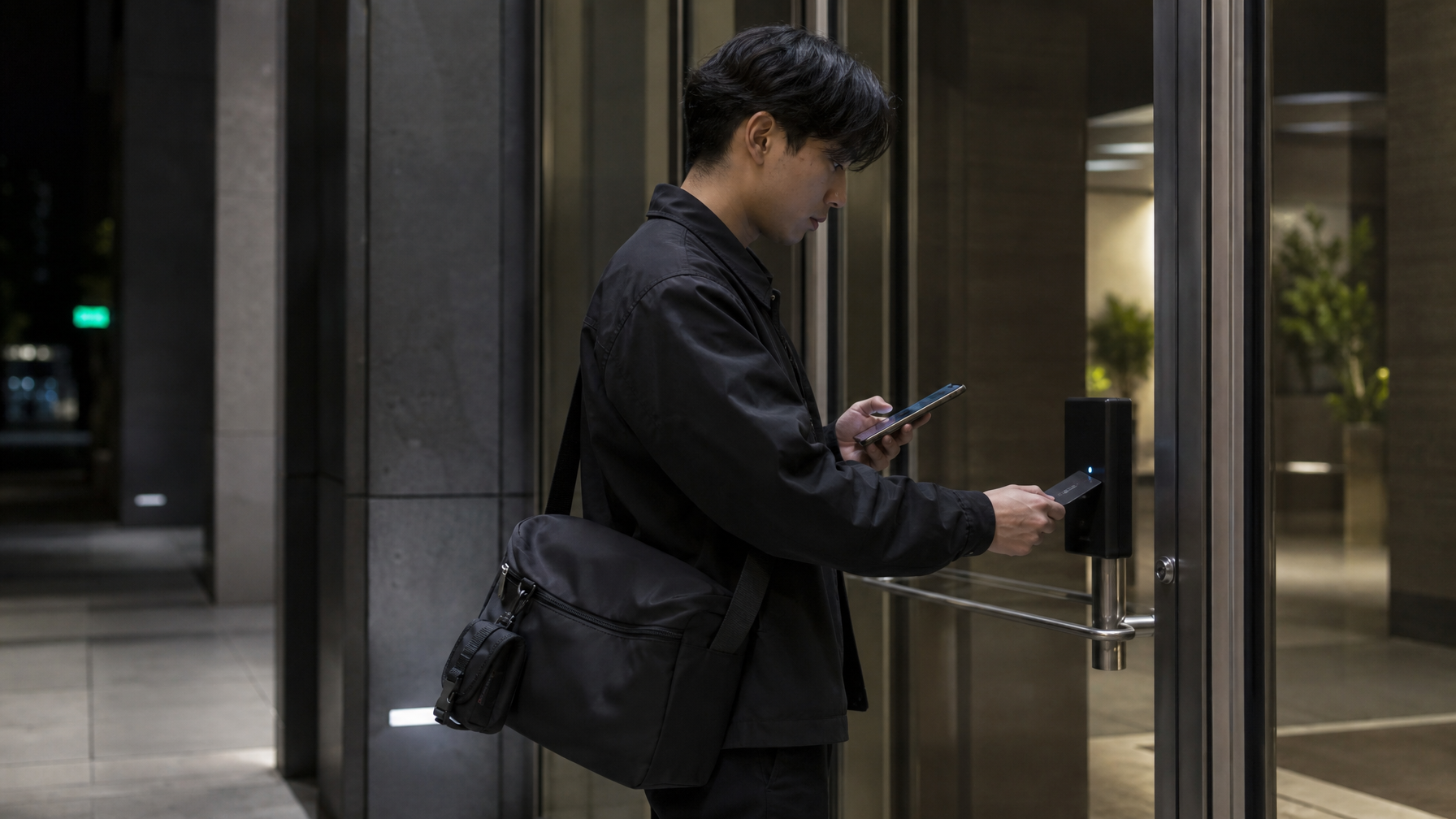 Person at a night office vestibule checking a phone at a glass door with a black messenger worn crossbody