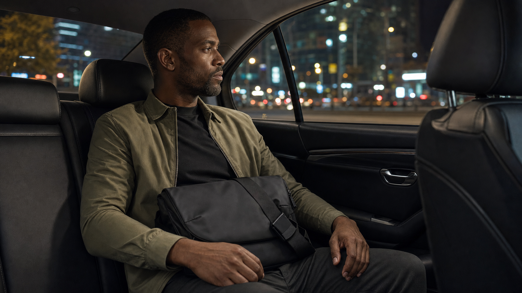 Man seated in a sedan back seat with a slim black laptop brief closed on his lap and city lights in the window