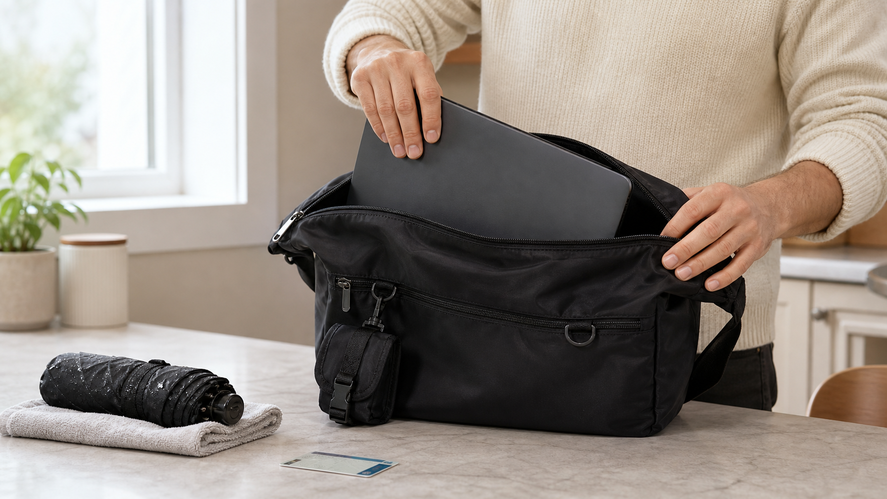 Person packing a laptop into a black messenger bag at a kitchen counter with a wet compact umbrella left on a towel